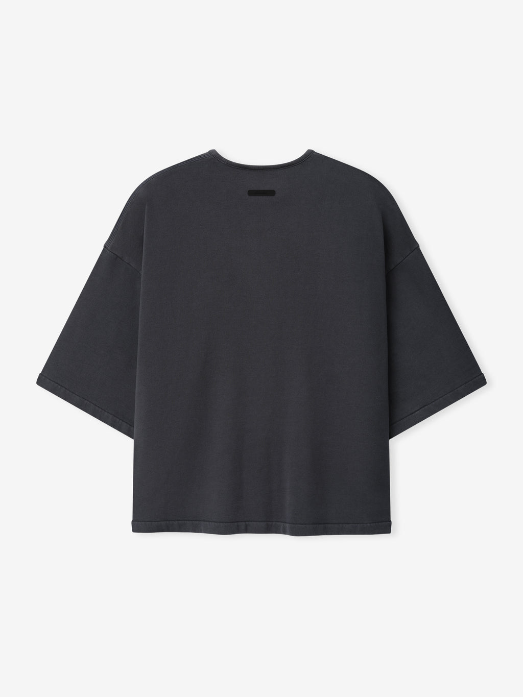 Back view of a washed iron gray 3/4 Henley Sweatshirt with wide sleeves, dropped shoulders, and a relaxed, boxy fit made from soft fabric.