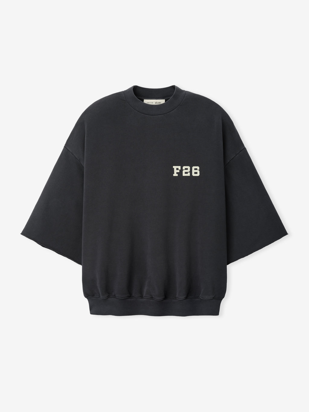 3/4 Sleeve Crewneck in washed iron grey with wide sleeves and a relaxed fit, featuring a small contrasting "F 26" print on the front for a minimalist sporty look.