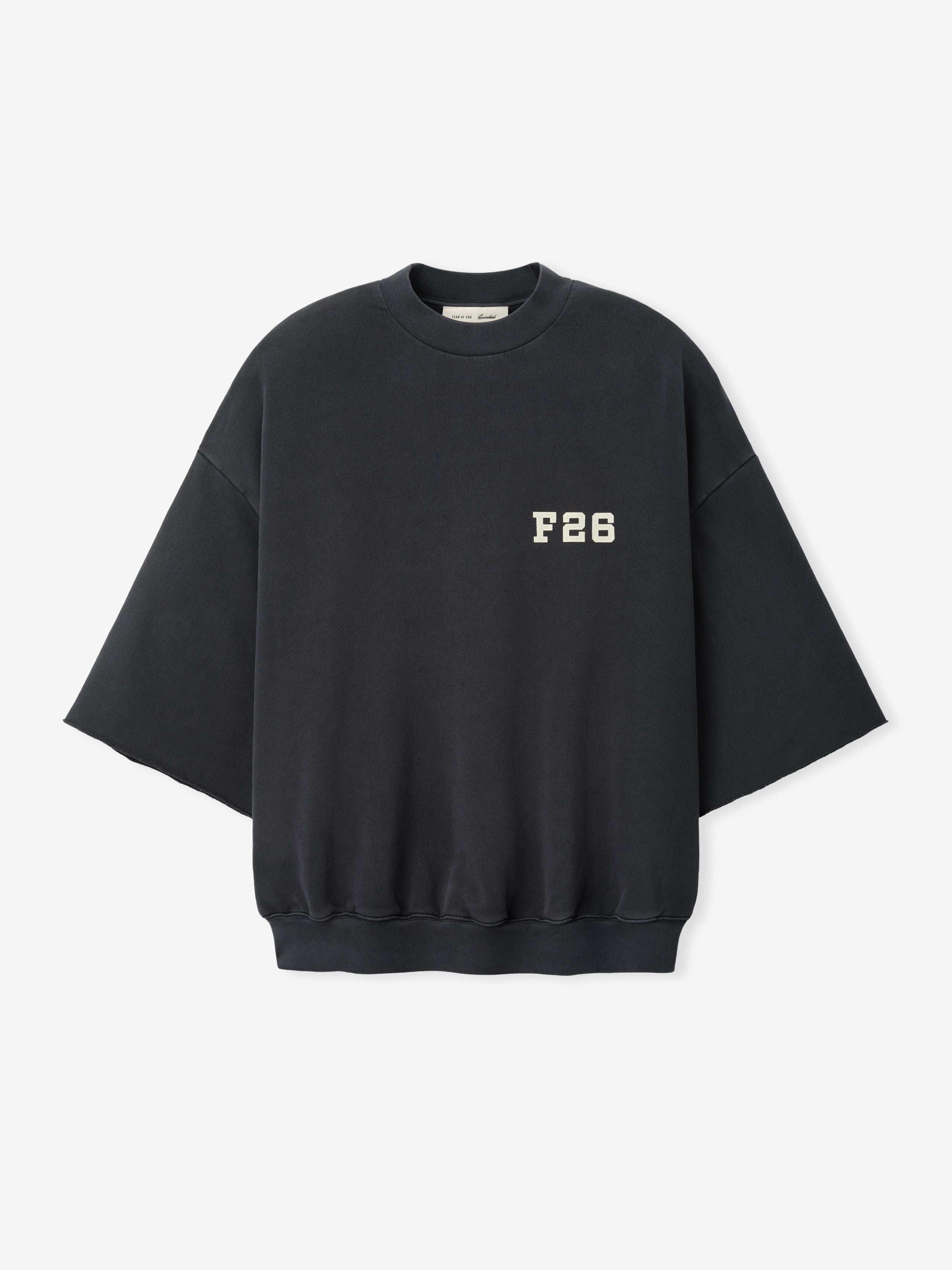 3/4 Sleeve Crewneck in washed iron grey with wide sleeves and a relaxed fit, featuring a small contrasting "F 26" print on the front for a minimalist sporty look.