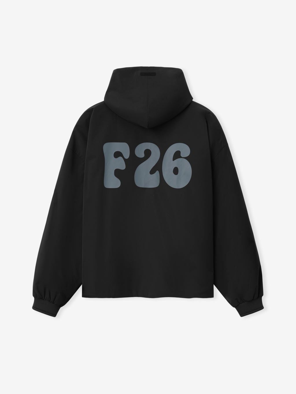 Full Zip Hooded Anorak in vintage black showcasing the back view with a relaxed fit, attached hood, elastic cuffs, and a bold graphic "F26" design for standout outerwear.