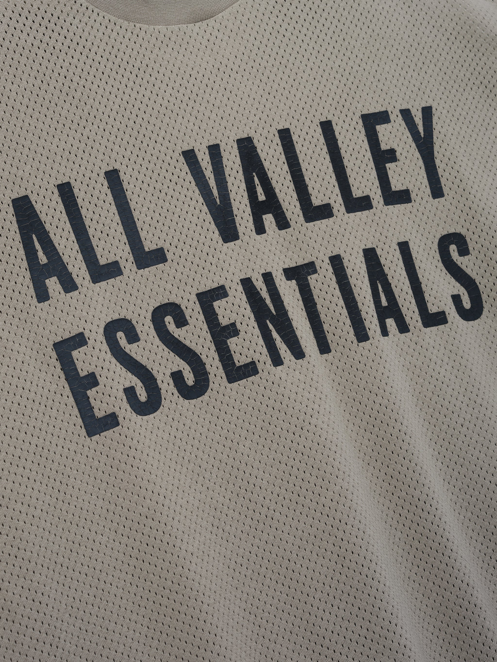 Merch Tee in a light muted tone with breathable mesh fabric featuring bold black "ALL VALLEY ESSENTIALS" text for a sporty, casual top.