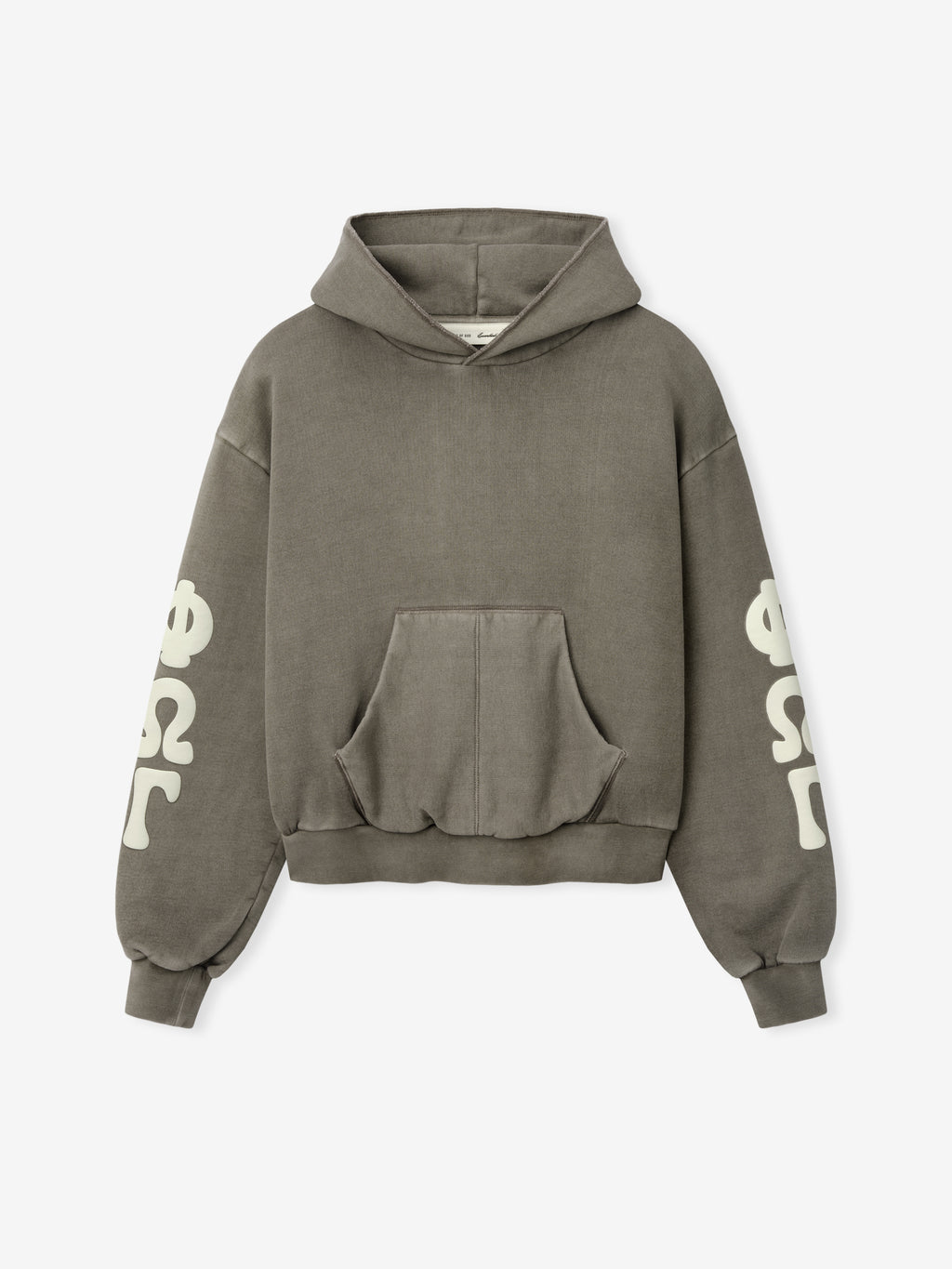 Womens 90s Fleece Hoodie in muted seal green with a relaxed fit, featuring a front kangaroo pocket, ribbed cuffs and hem, and bold cream-colored vintage graphic lettering on the sleeves.
