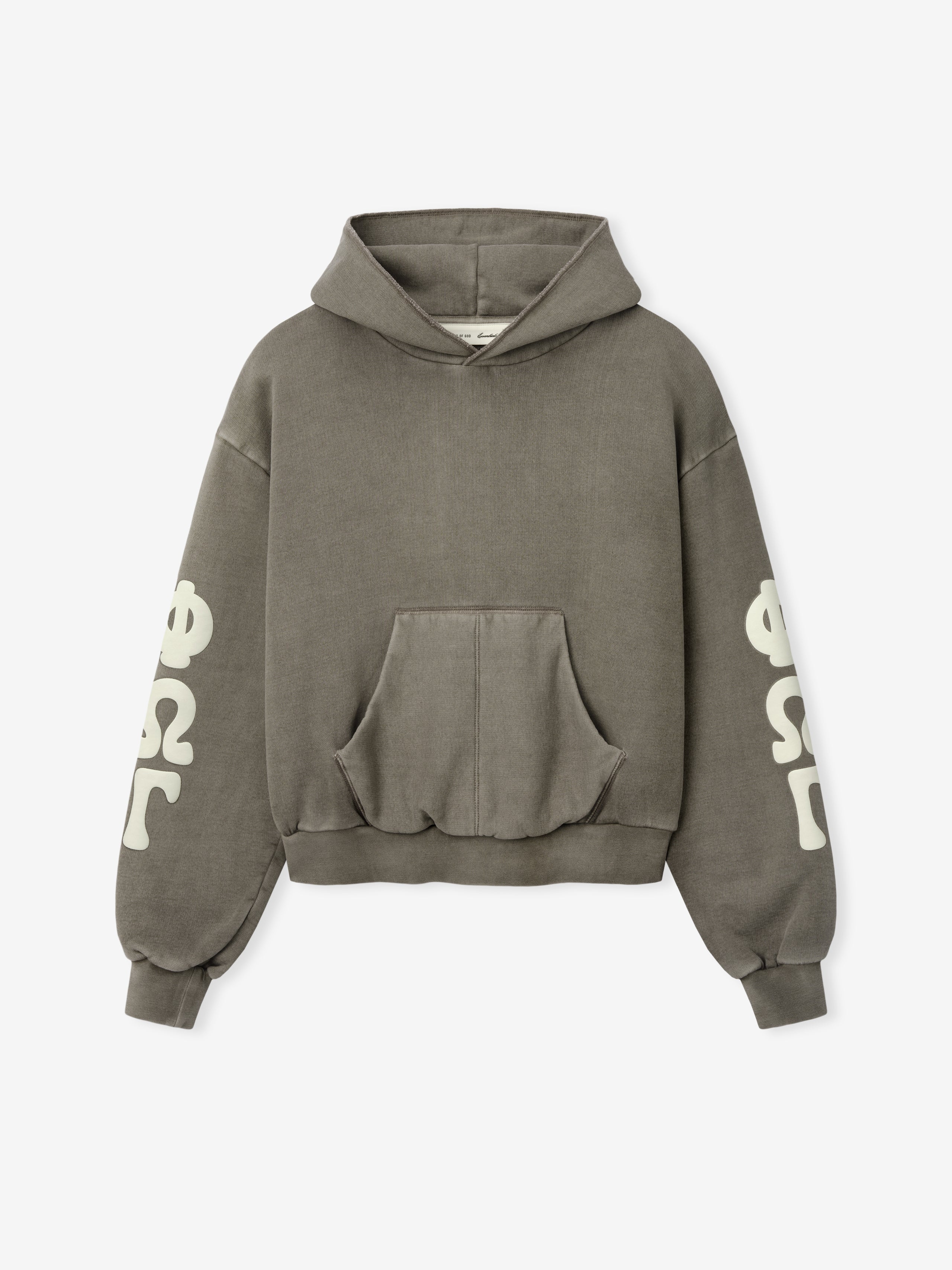 Womens 90s Fleece Hoodie in muted seal green with a relaxed fit, featuring a front kangaroo pocket, ribbed cuffs and hem, and bold cream-colored vintage graphic lettering on the sleeves.