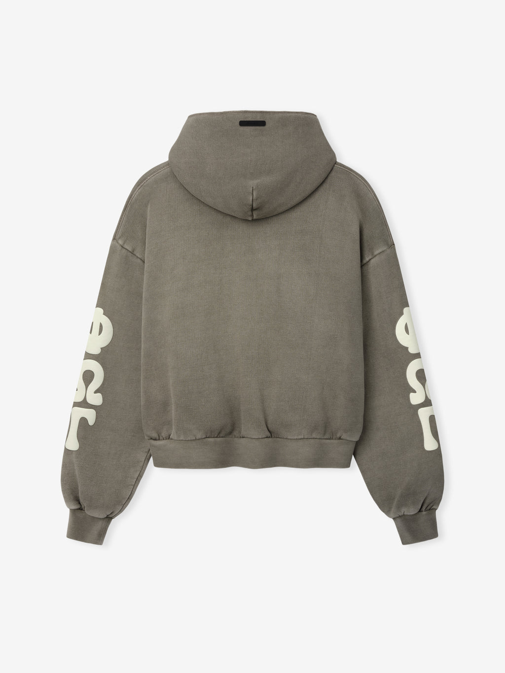 Womens 90s Fleece Hoodie in muted seal green showing the back with relaxed fit, ribbed cuffs, and bold cream vintage-inspired Greek lettering on both sleeves.