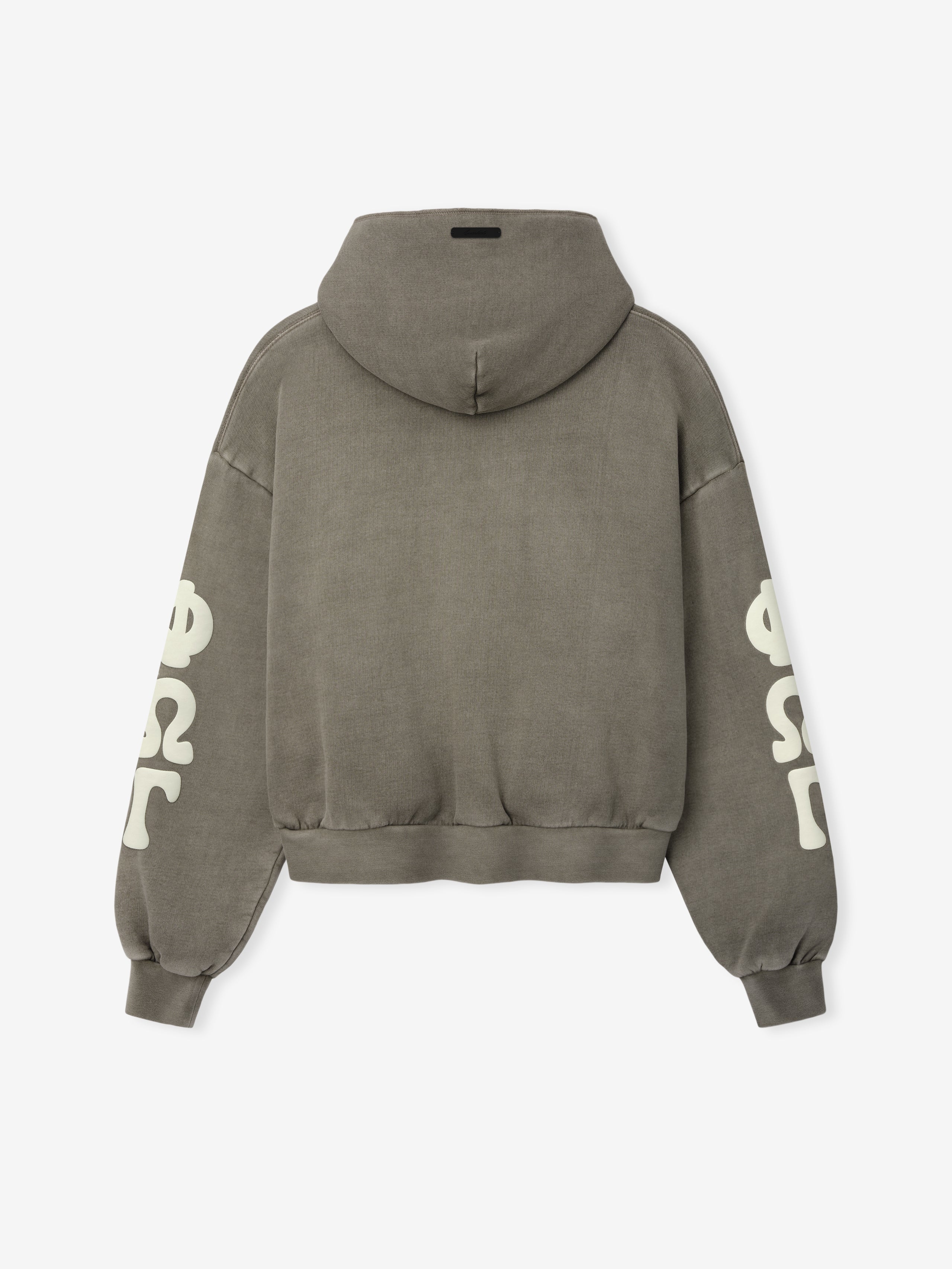 Womens 90s Fleece Hoodie in muted seal green showing the back with relaxed fit, ribbed cuffs, and bold cream vintage-inspired Greek lettering on both sleeves.