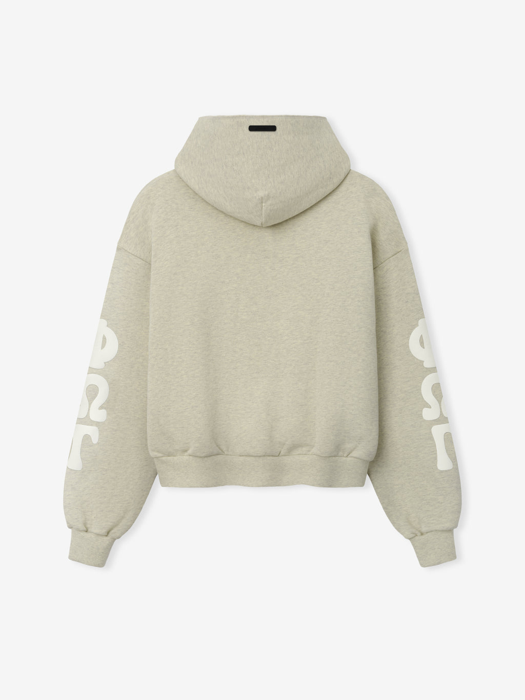 Womens 90s Fleece Hoodie in soft vanilla heather shown from the back, featuring a relaxed fit, ribbed hem and cuffs, a hood, and large cream vintage-inspired Greek lettering down the sleeves.