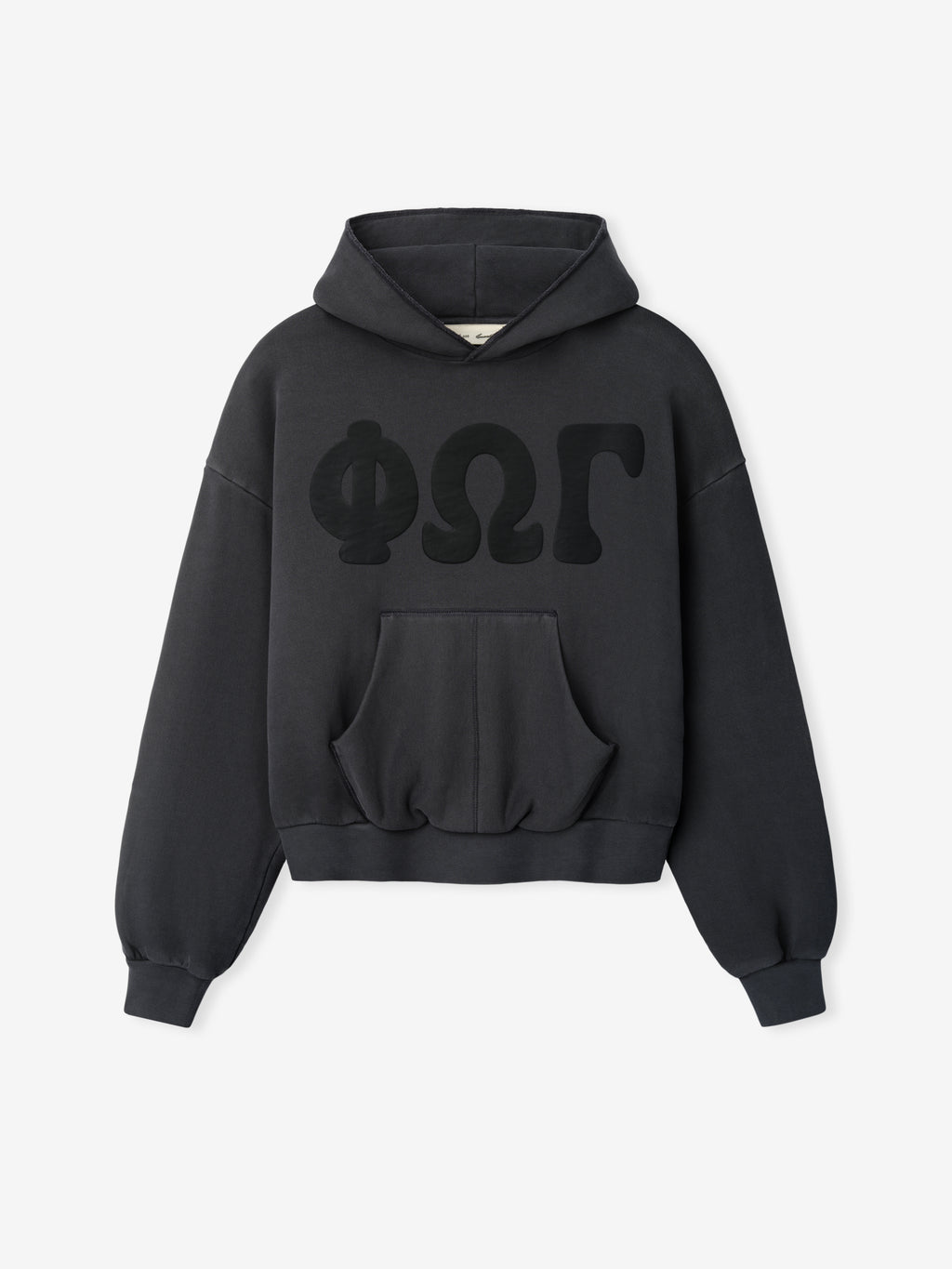Womens 90s Fleece Hoodie in washed iron grey with a relaxed fit, featuring a front kangaroo pocket, ribbed cuffs and hem, and tonal Greek letters across the chest.