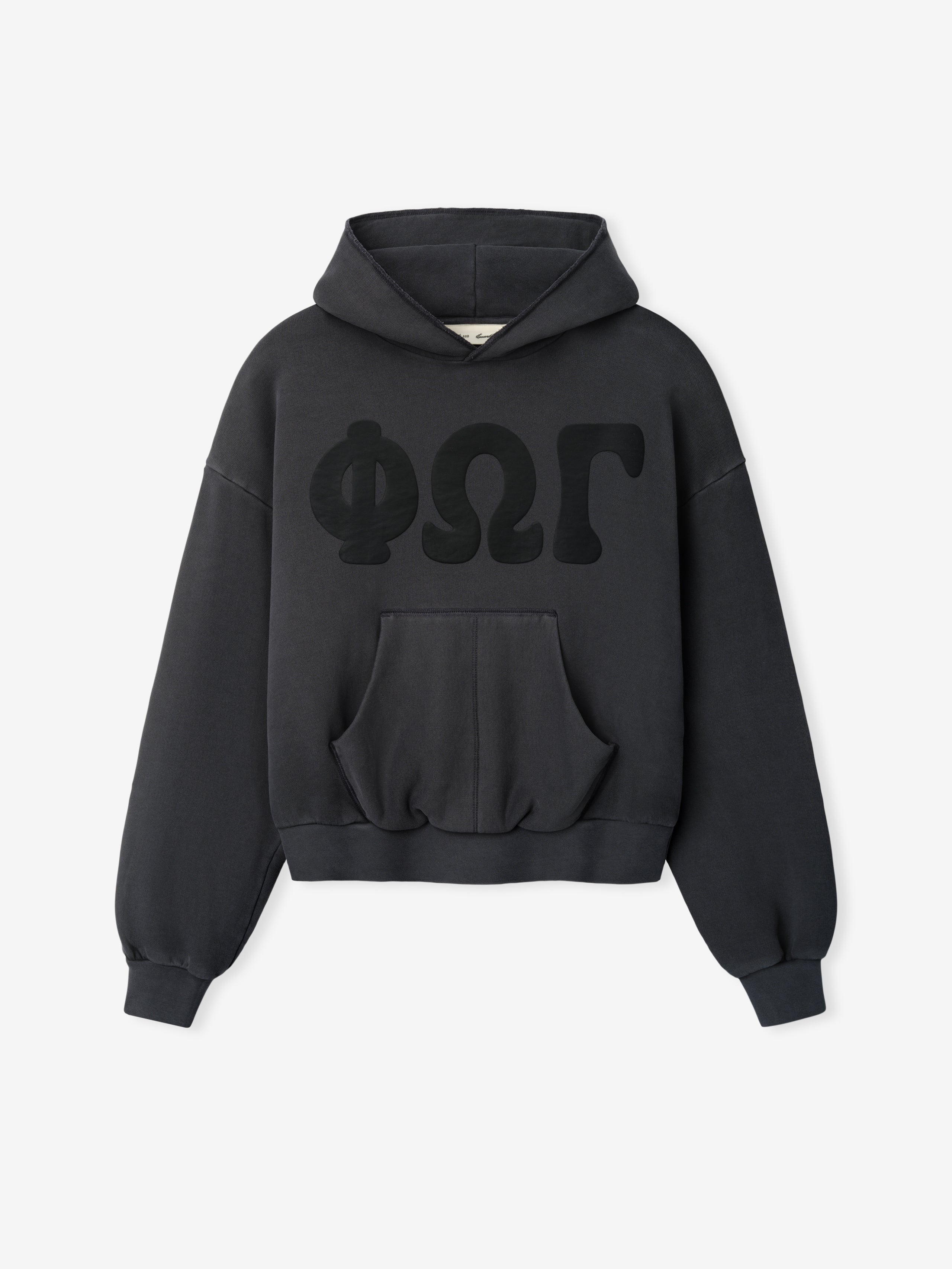 Womens 90s Fleece Hoodie in washed iron grey with a relaxed fit, featuring a front kangaroo pocket, ribbed cuffs and hem, and tonal Greek letters across the chest.
