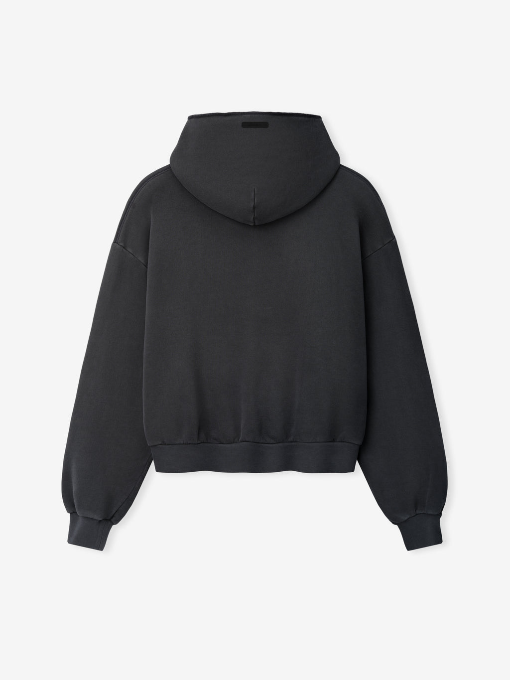 Womens 90s Fleece Hoodie in dark washed iron grey showing the back view, featuring a relaxed fit with dropped shoulders, ribbed cuffs and hem, and a cozy hood.