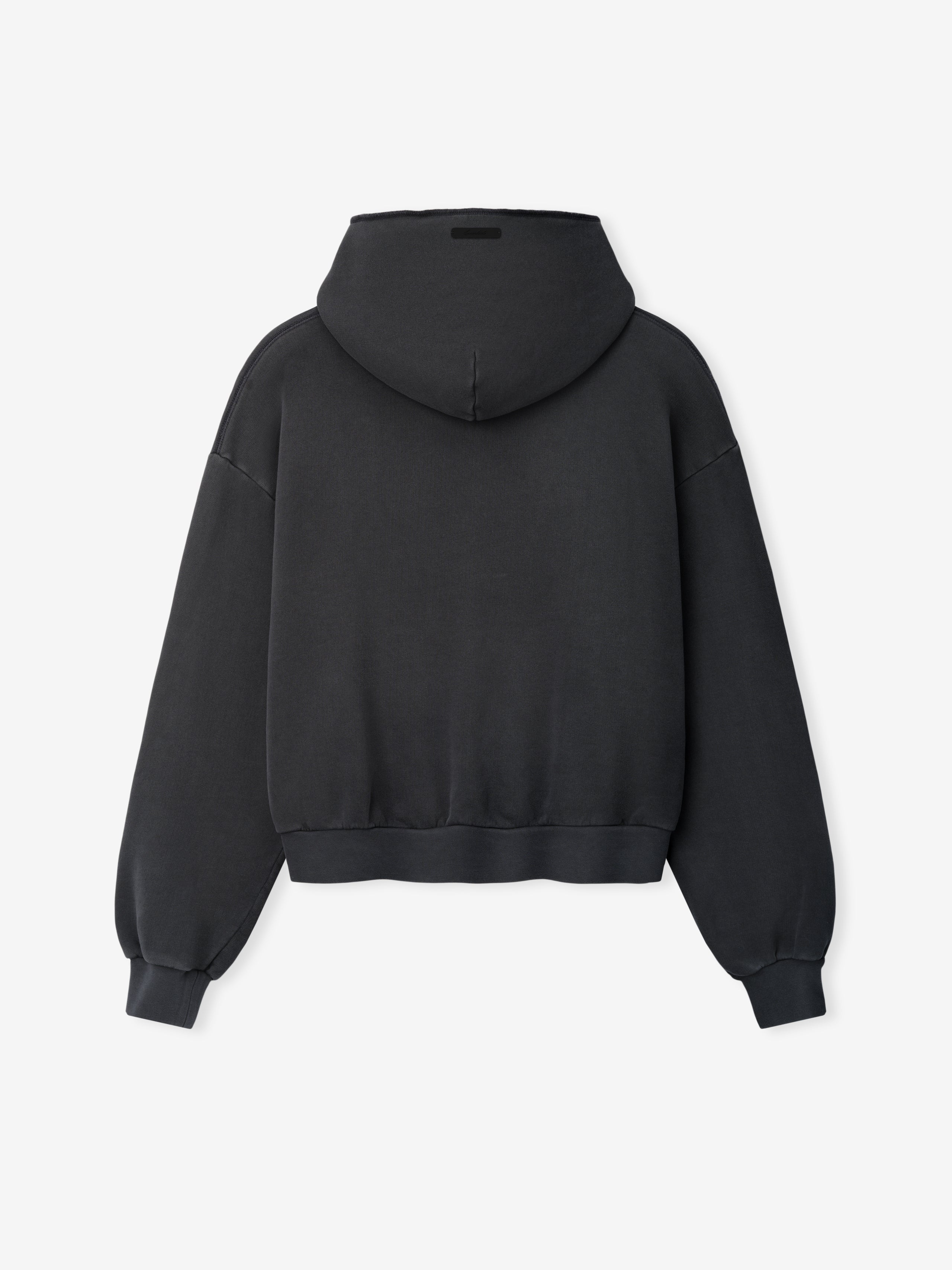 Womens 90s Fleece Hoodie in dark washed iron grey showing the back view, featuring a relaxed fit with dropped shoulders, ribbed cuffs and hem, and a cozy hood.