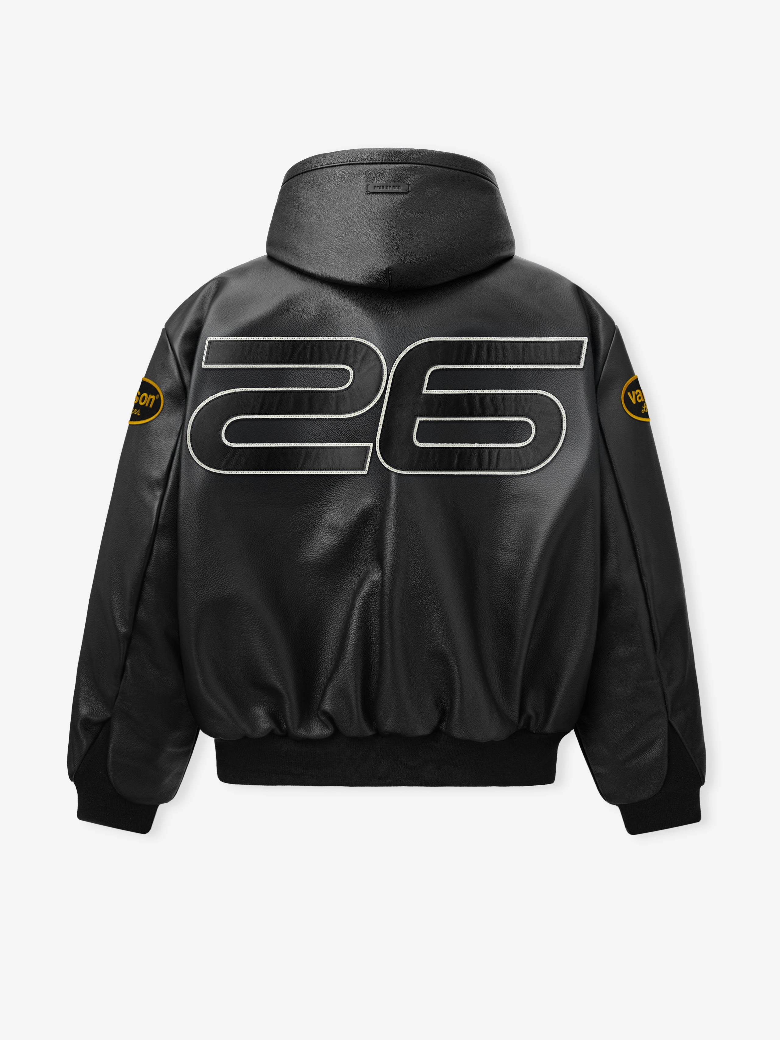 Black bomber jacket with '26' logo on the back against a white background