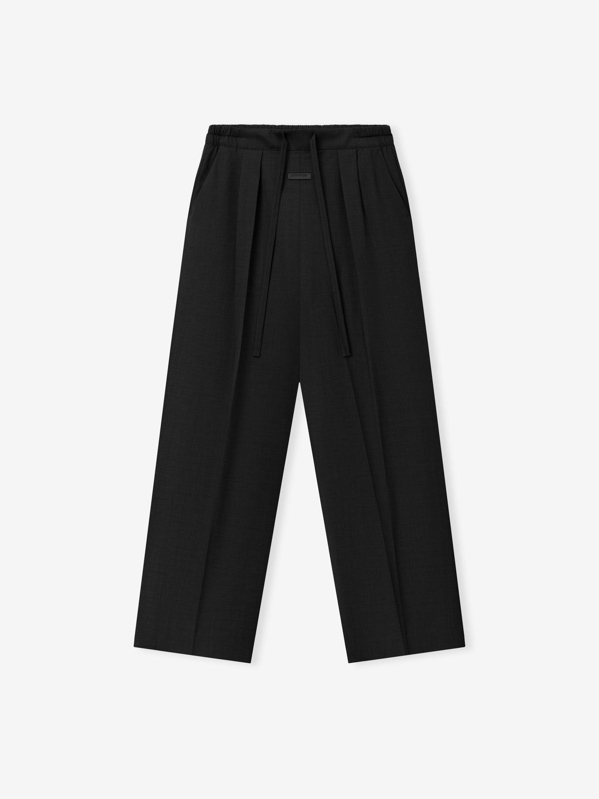 Melange Wool Box Pleat Drawstring Pants in black with wide straight legs front pleats and long waist ties displayed against a light background