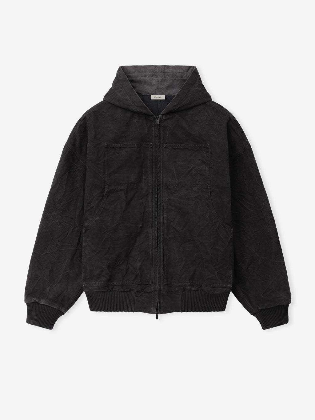 Canvas Workwear Hooded Bomber in black with a zip front hood ribbed cuffs and hem and two large front patch pockets displayed flat against a light background