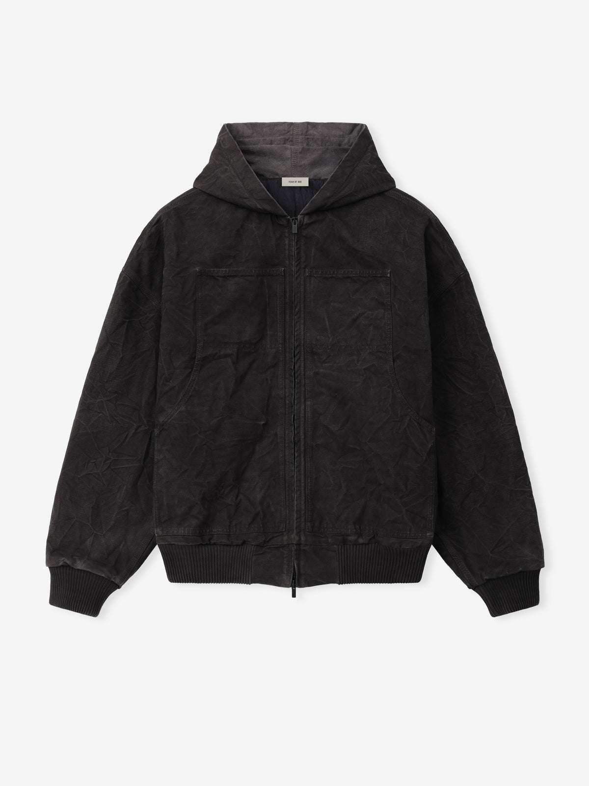 Canvas Workwear Hooded Bomber in black with a zip front hood ribbed cuffs and hem and two large front patch pockets displayed flat against a light background