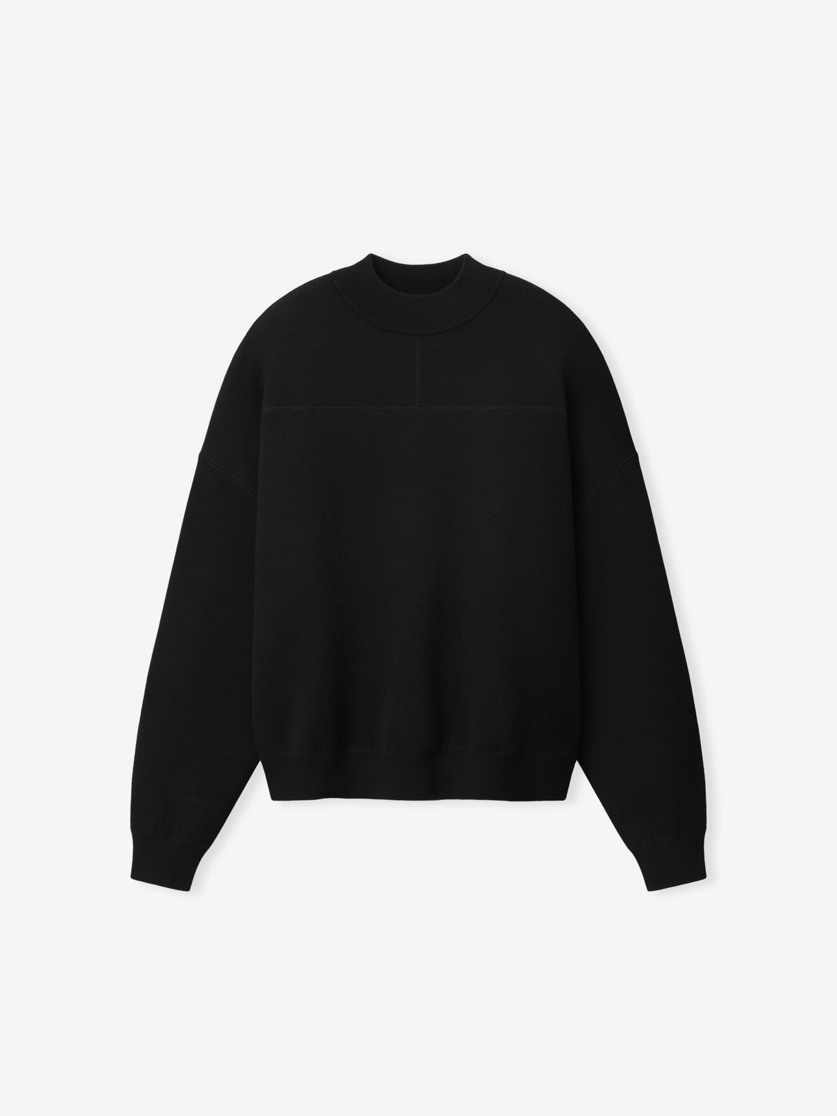 Merino Double Knit Mockneck Sweater in black displayed flat with a ribbed mock neckline long sleeves and a clean relaxed silhouette as Tops