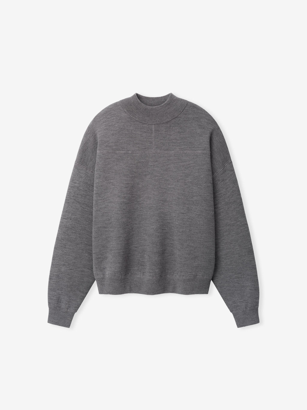Merino Double Knit Mockneck Sweater in gray displayed flat with a high neckline long sleeves ribbed cuffs and hem and a relaxed silhouette as Tops
