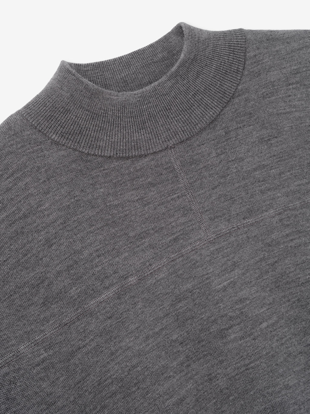 Merino Double Knit Mockneck Sweater in gray shown close up with a ribbed mockneck collar and fine knit texture as Tops