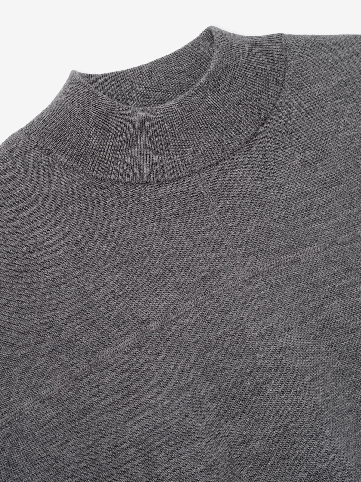 Merino Double Knit Mockneck Sweater in gray shown close up with a ribbed mockneck collar and fine knit texture as Tops