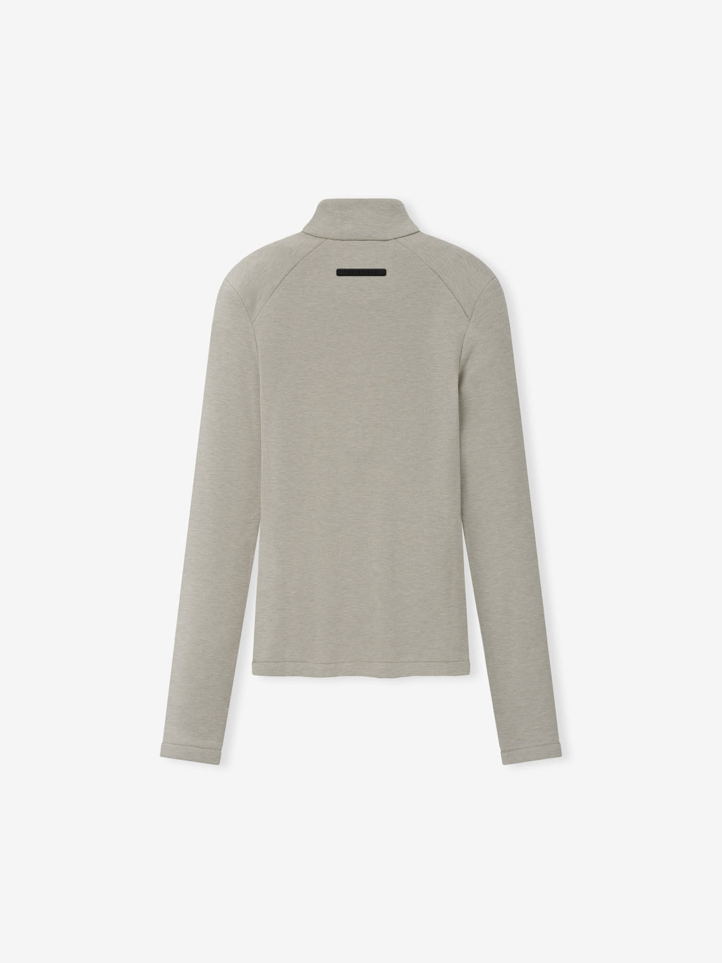Womens Half Zip Mockneck in light gray viewed from behind with a high collar extended sleeves and straight hem on a clean pale background as Tops