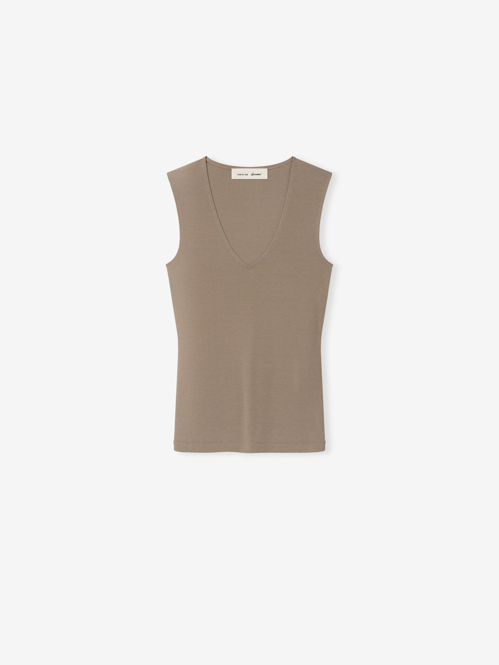 Womens V-Neck Tank in taupe displayed flat with a sleeveless fitted silhouette and deep V neckline against a pale background as Tops