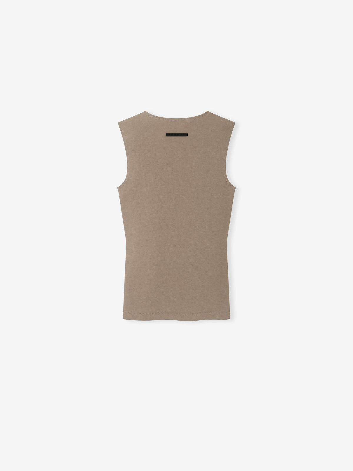 Womens V-Neck Tank in taupe displayed flat with a sleeveless fitted silhouette black chest label and clean hem against a pale background as Tops