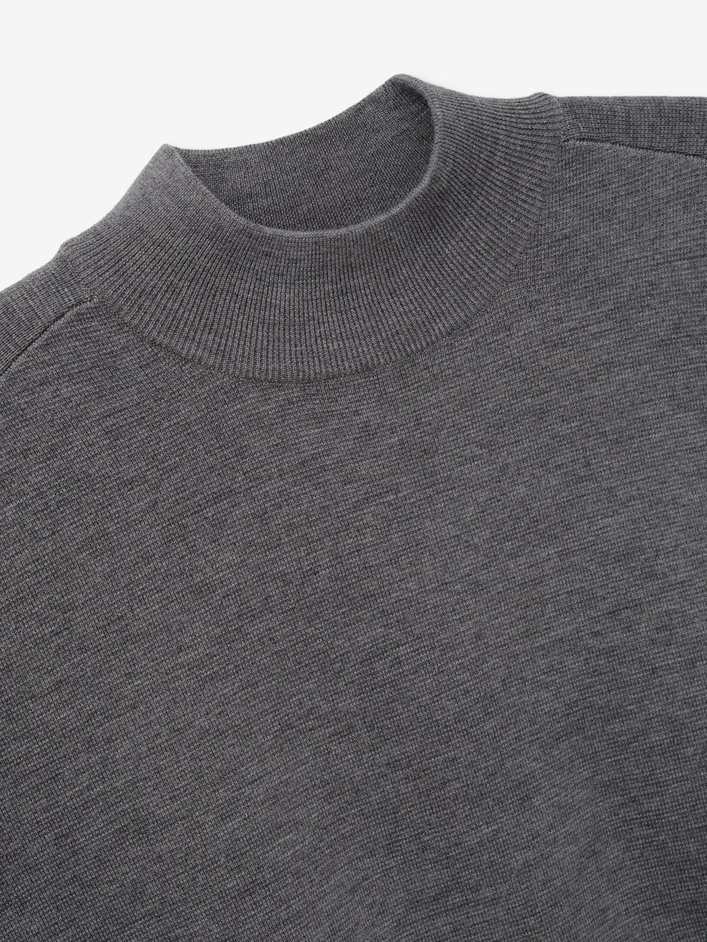 Merino Knit Mockneck Tee in gray shown in close detail highlighting the ribbed mockneck collar and fine knit texture as Tops