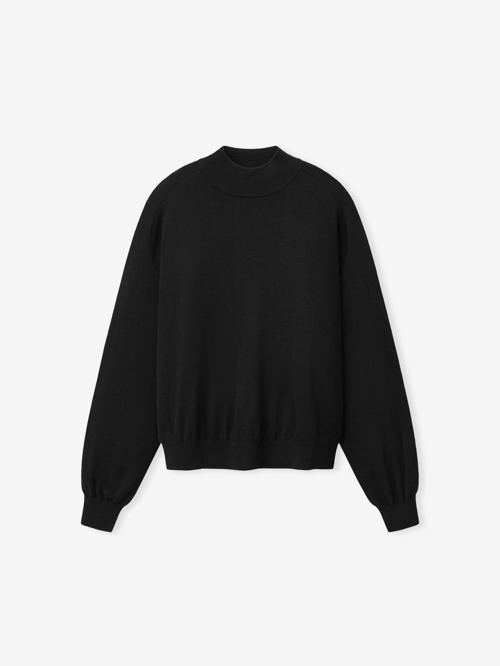 Wool Cashmere Rib Mockneck Sweater in black displayed flat with a raised mockneck collar long sleeves ribbed knit texture and ribbed cuffs as Tops