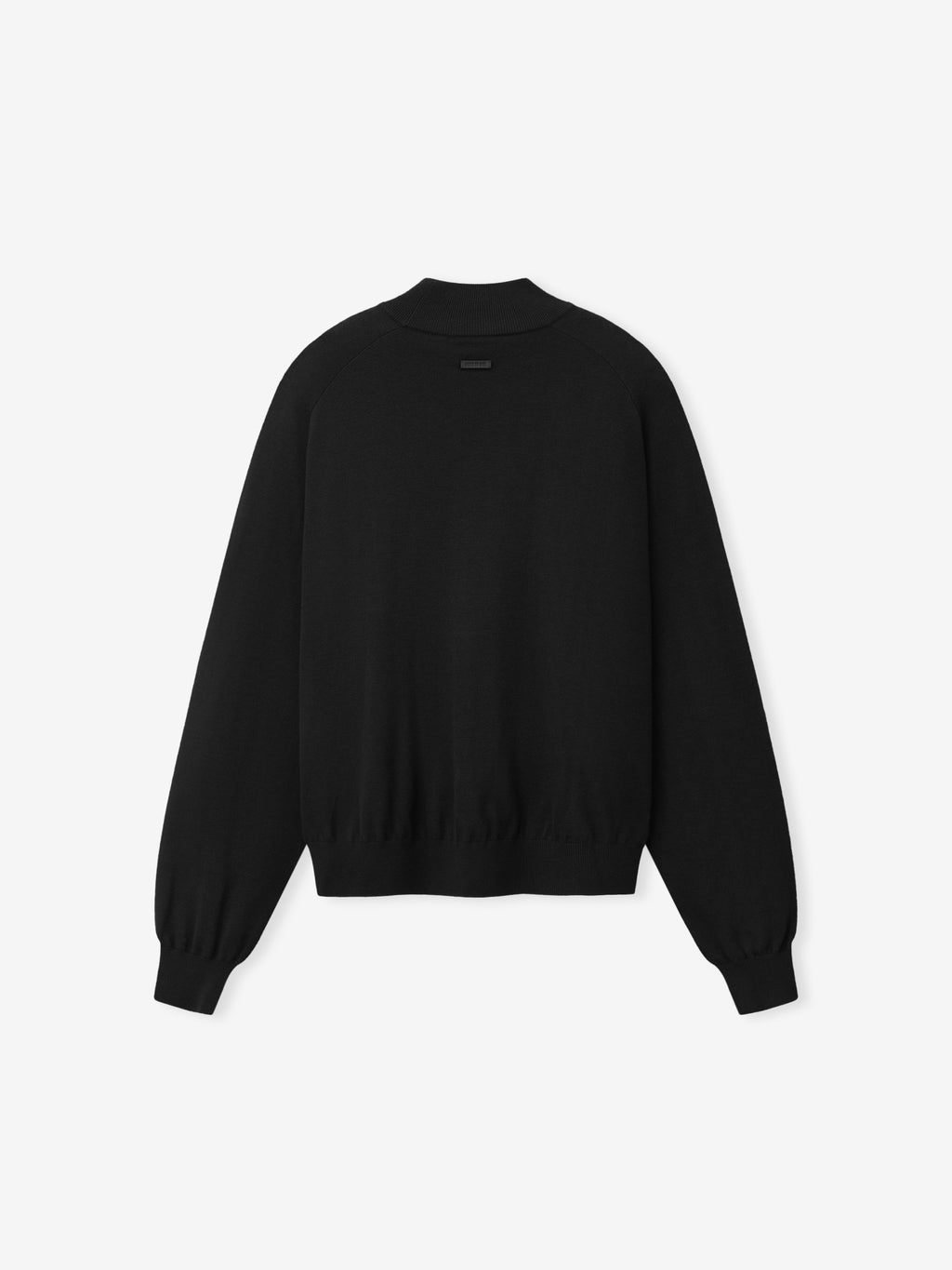 Wool Cashmere Rib Mockneck Sweater in black displayed flat with a raised mockneck collar long sleeves ribbed cuffs and hem as Tops
