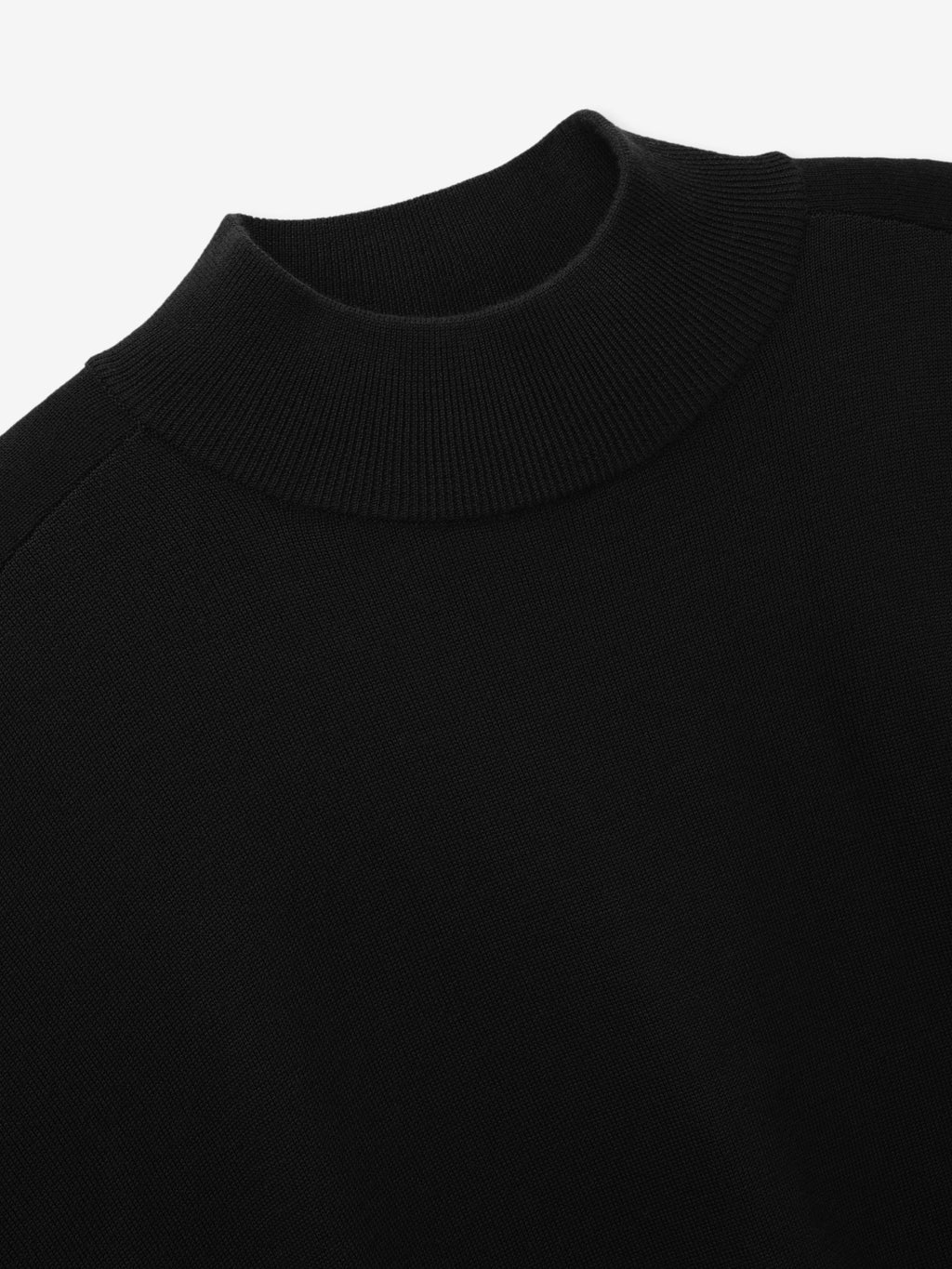 Wool Cashmere Rib Mockneck Sweater in black shown in close detail with a wide ribbed mockneck collar and fine knit texture as Tops