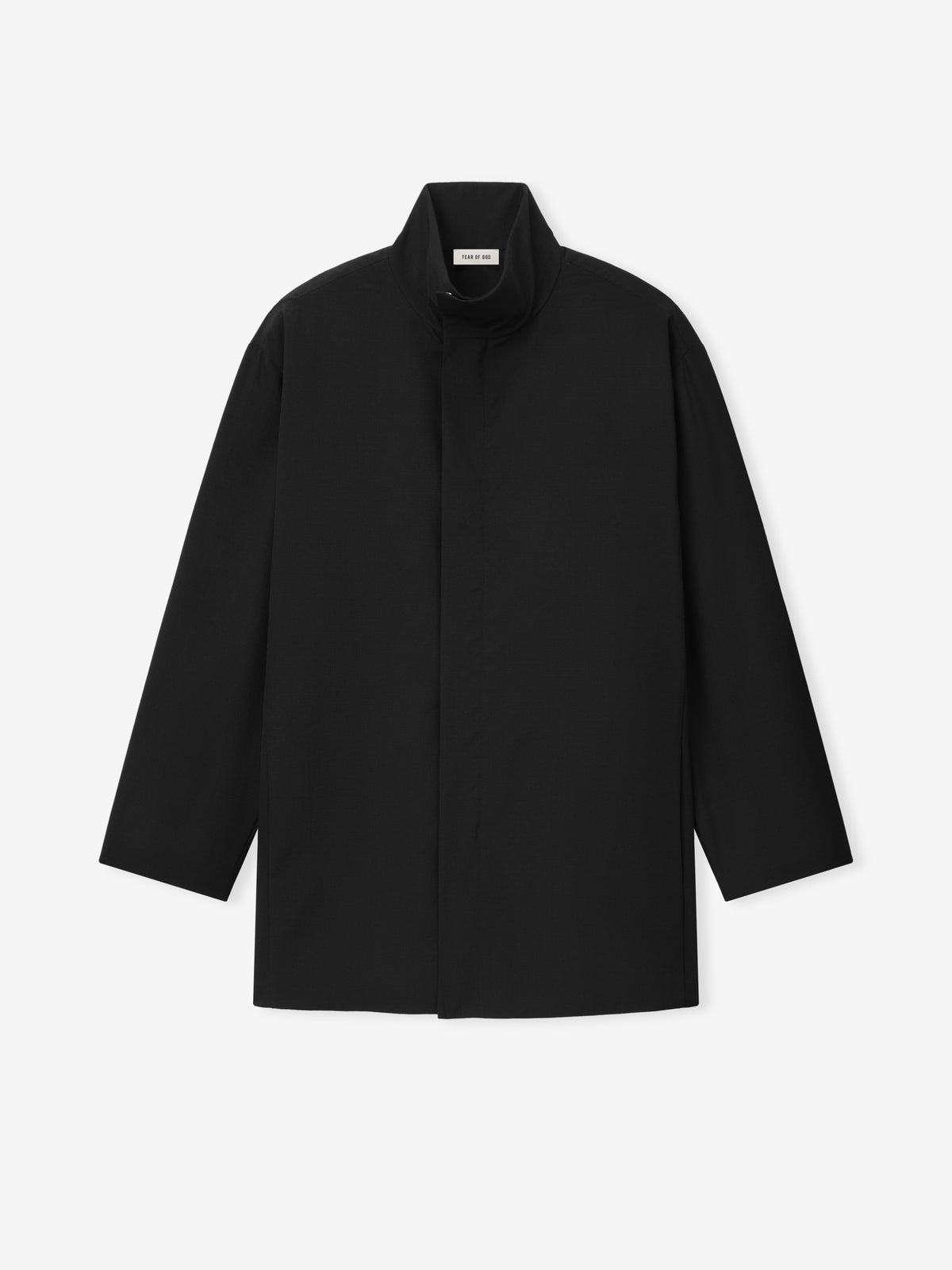 Wool Ripstop Leisure Jacket in black displayed flat with a stand collar long sleeves concealed front closure and clean minimalist silhouette as Outerwear