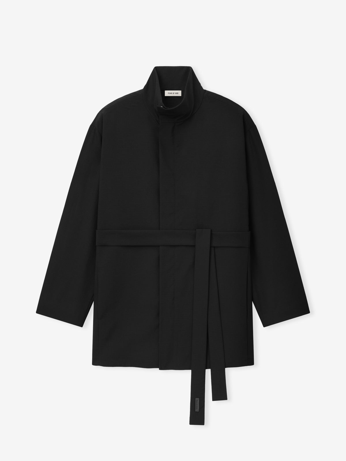 Wool Ripstop Leisure Jacket in black displayed flat with a stand collar concealed closure long sleeves and hanging waist ties as Outerwear