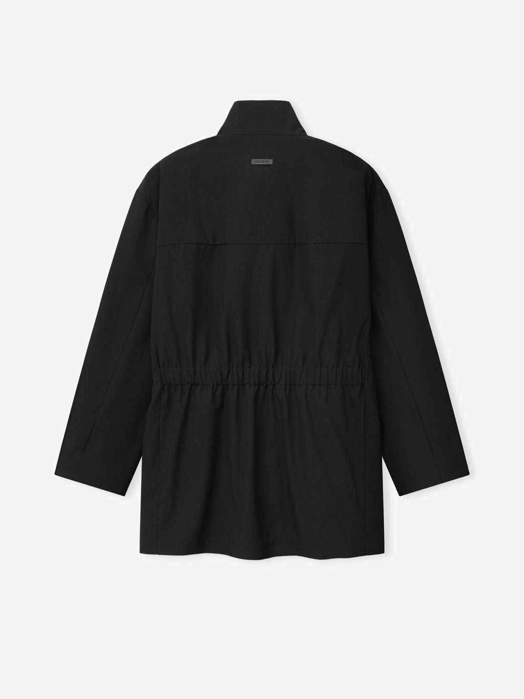 Wool Ripstop Leisure Jacket in black shown from the back with a raised collar long sleeves gathered waist and relaxed silhouette as Outerwear