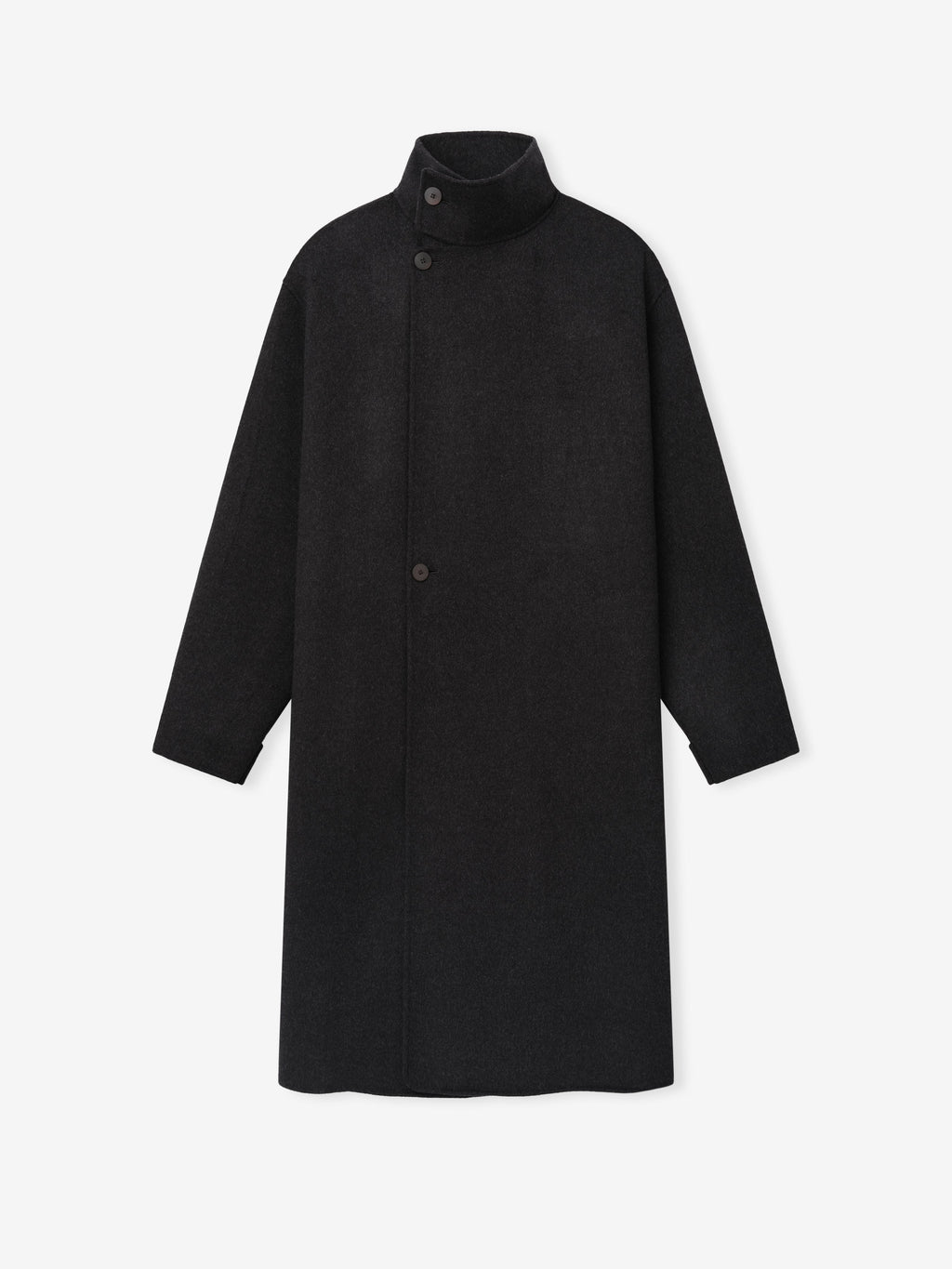 Double Face Wool Cashmere Overcoat in black displayed flat with a stand collar button fastening long sleeves and a straight full length silhouette as Outerwear