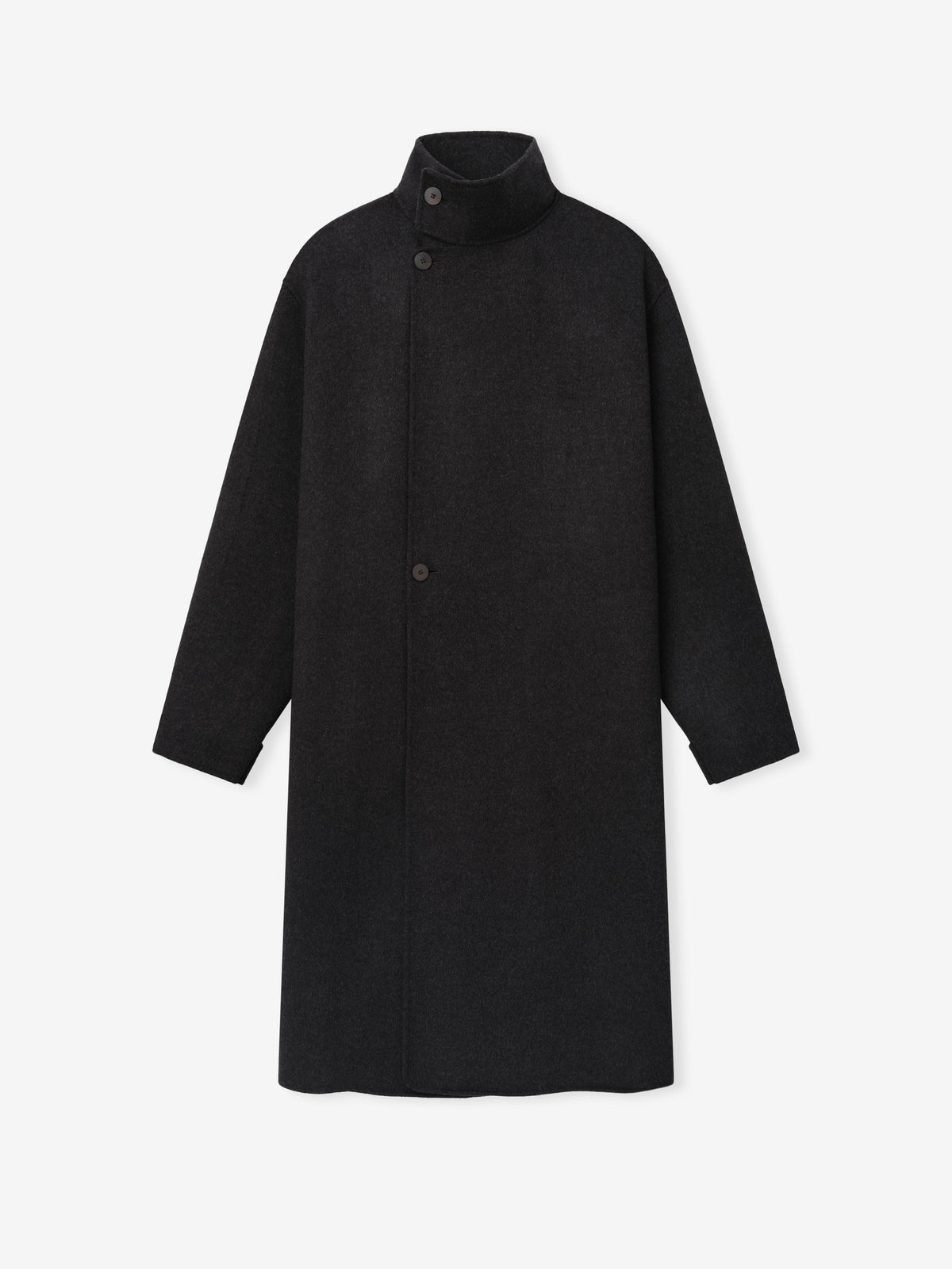 Double Face Wool Cashmere Overcoat in black displayed flat with a stand collar button fastening long sleeves and a straight full length silhouette as Outerwear