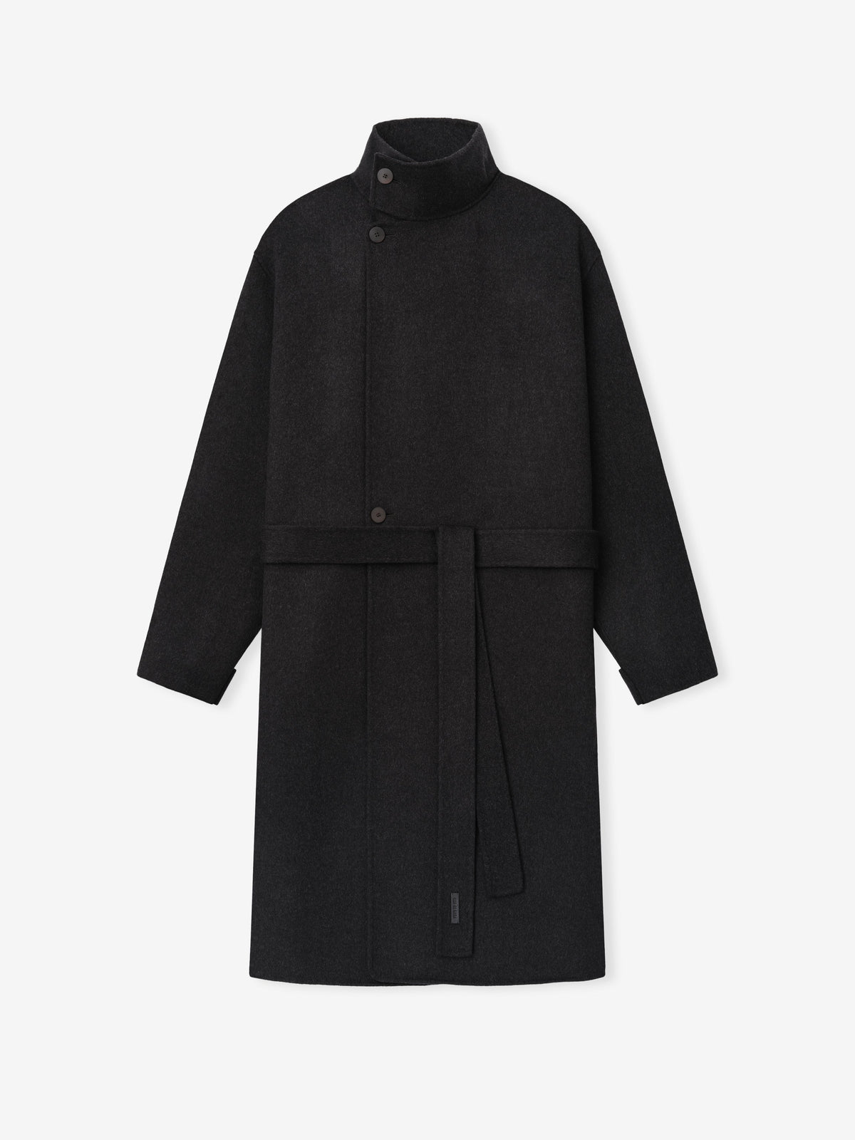 Double Face Wool Cashmere Overcoat in black displayed flat with a stand collar button closure long sleeves and a full length straight silhouette with waist ties as Outerwear