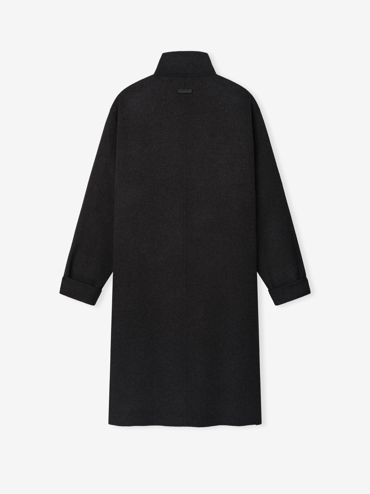 Double Face Wool Cashmere Overcoat in black displayed flat from the back with a stand collar long sleeves and a full length straight silhouette as Outerwear