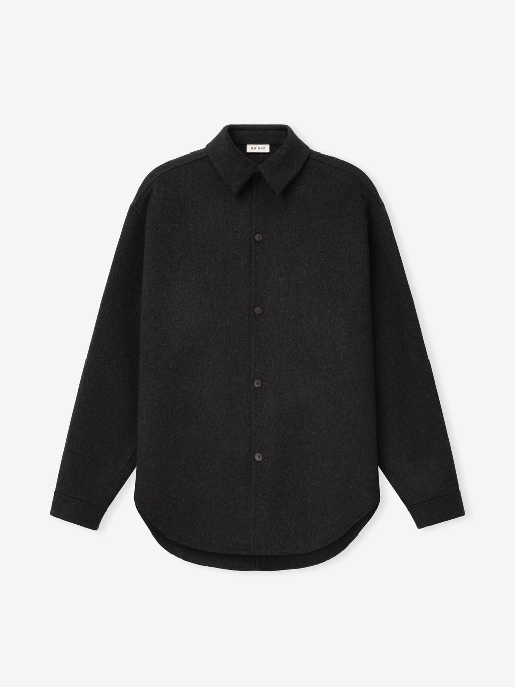 Double Face Wool Cashmere Overshirt in black shown front-facing with a pointed collar concealed button closure long sleeves and a rounded curved hem as Tops