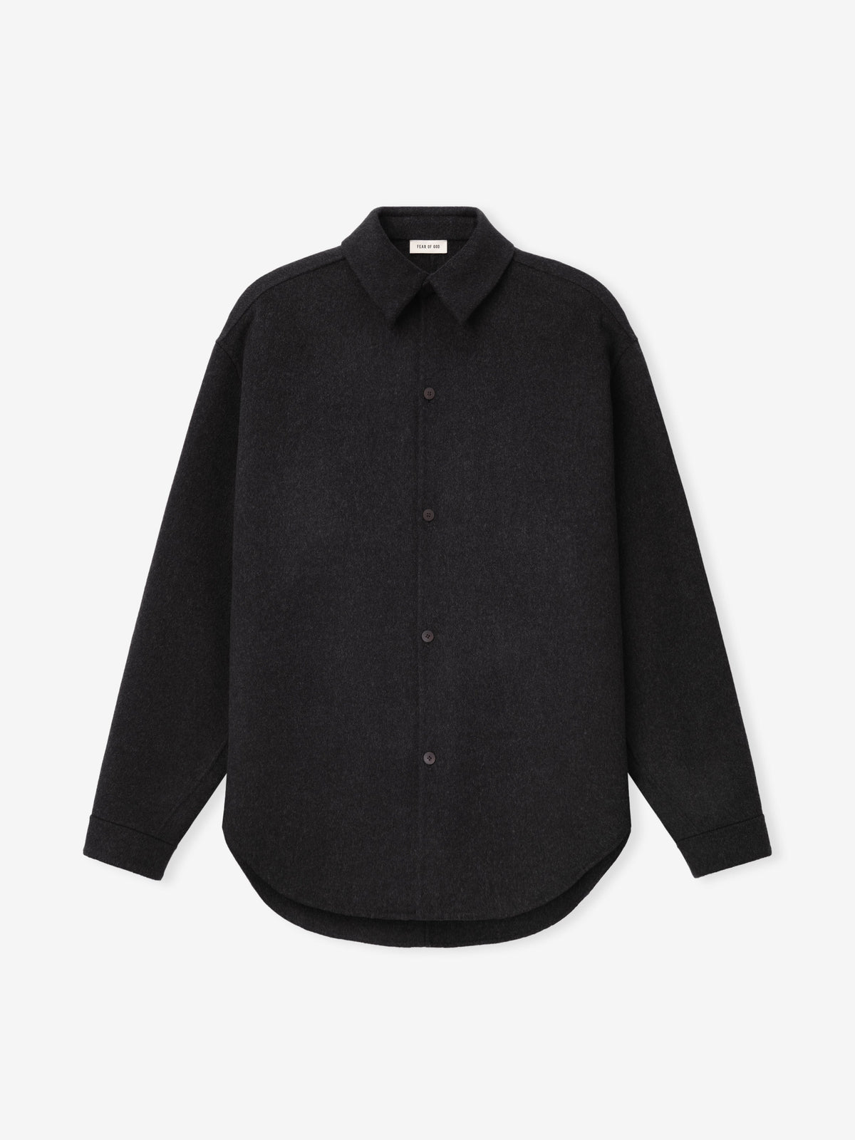 Double Face Wool Cashmere Overshirt in black shown front-facing with a pointed collar concealed button closure long sleeves and a rounded curved hem as Tops