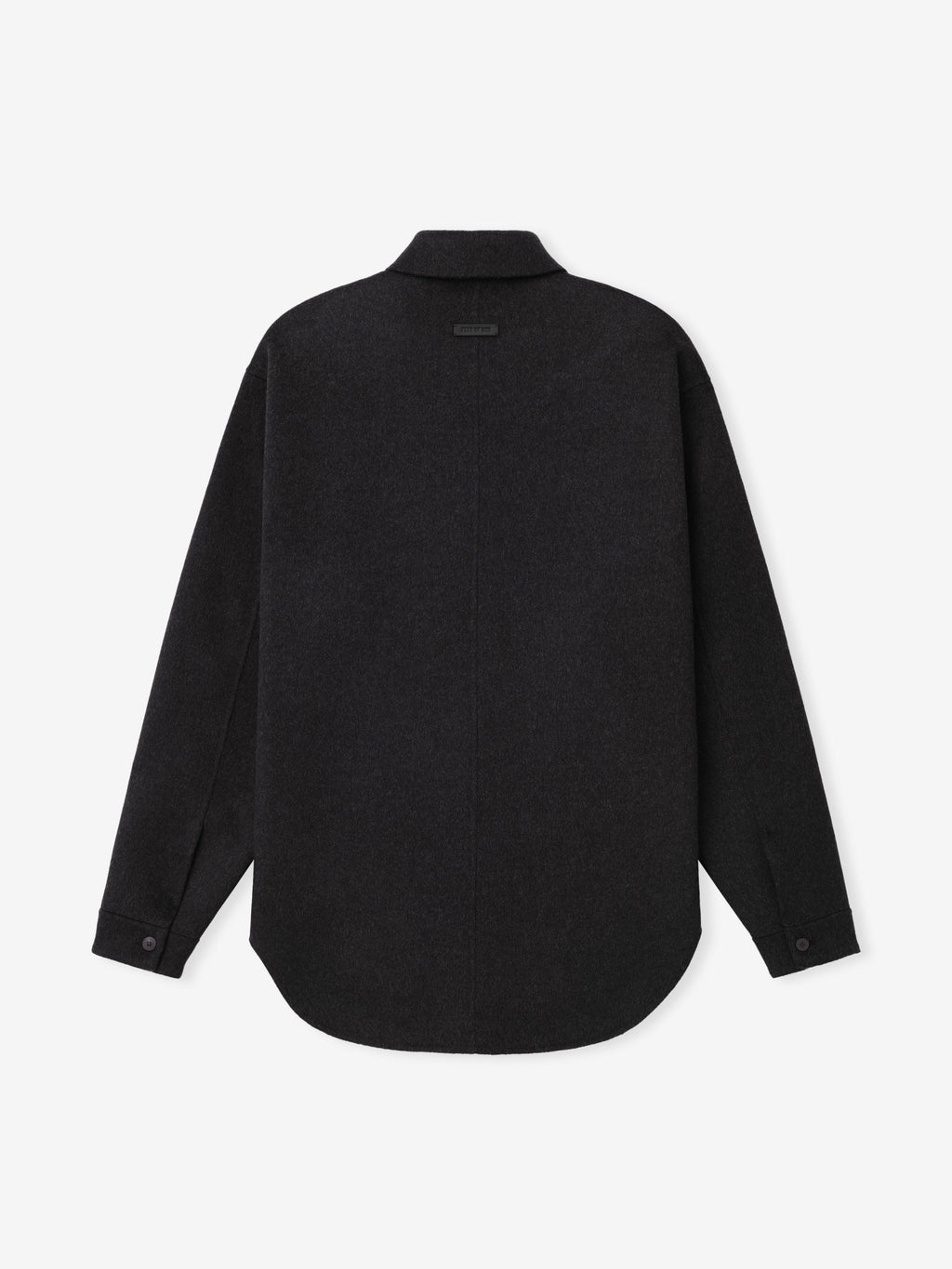 Double Face Wool Cashmere Overshirt in black shown from the back with a stand collar long sleeves button cuffs and curved hem as Tops