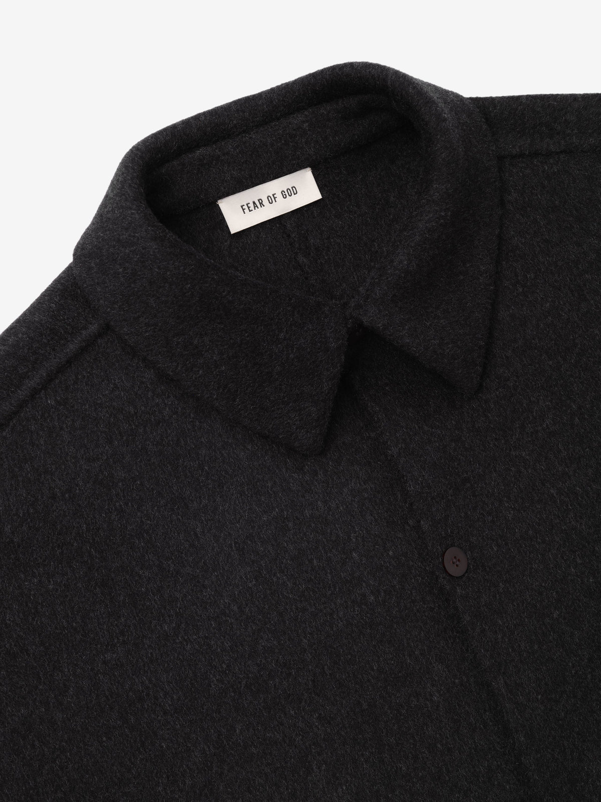 Double Face Wool Cashmere Overshirt in black shown close up with a wide pointed collar concealed button placket and soft brushed texture as Tops