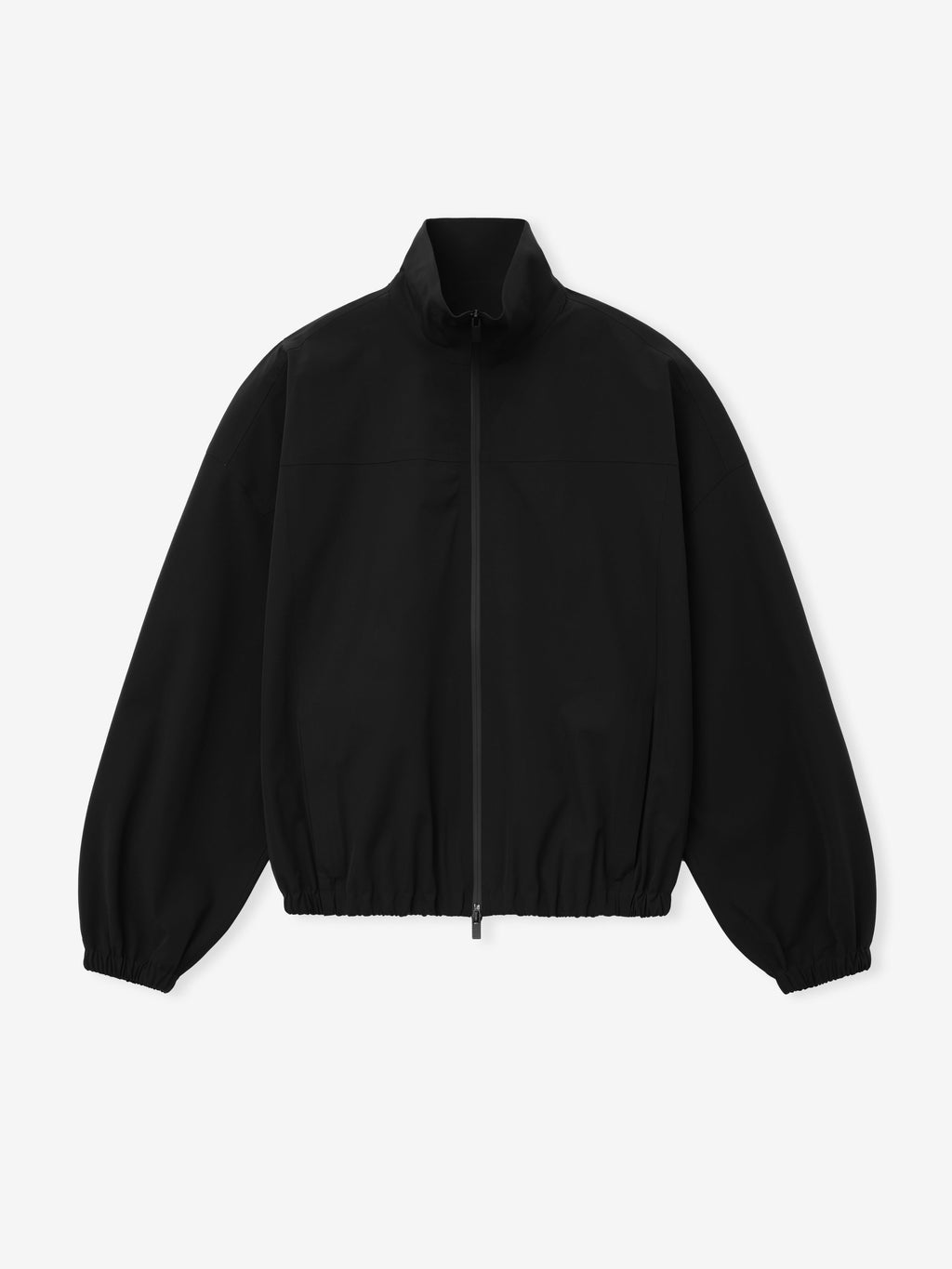 Bonded Nylon Track Jacket in black shown flat with a stand collar full zip front gathered cuffs and elastic hem as Outerwear