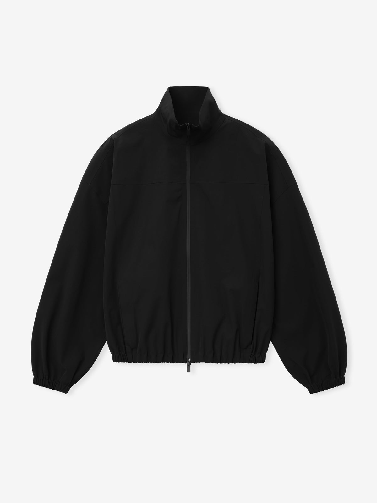 Bonded Nylon Track Jacket in black shown flat with a stand collar full zip front gathered cuffs and elastic hem as Outerwear