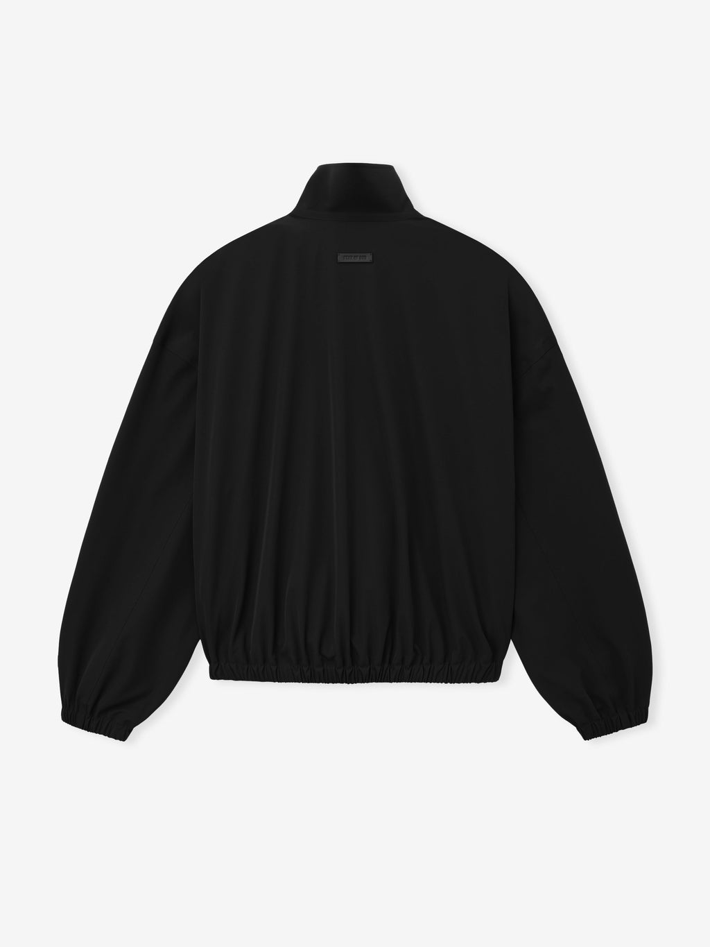 Bonded Nylon Track Jacket in black shown from the back with a stand collar gathered sleeves elastic cuffs and elastic hem as Outerwear
