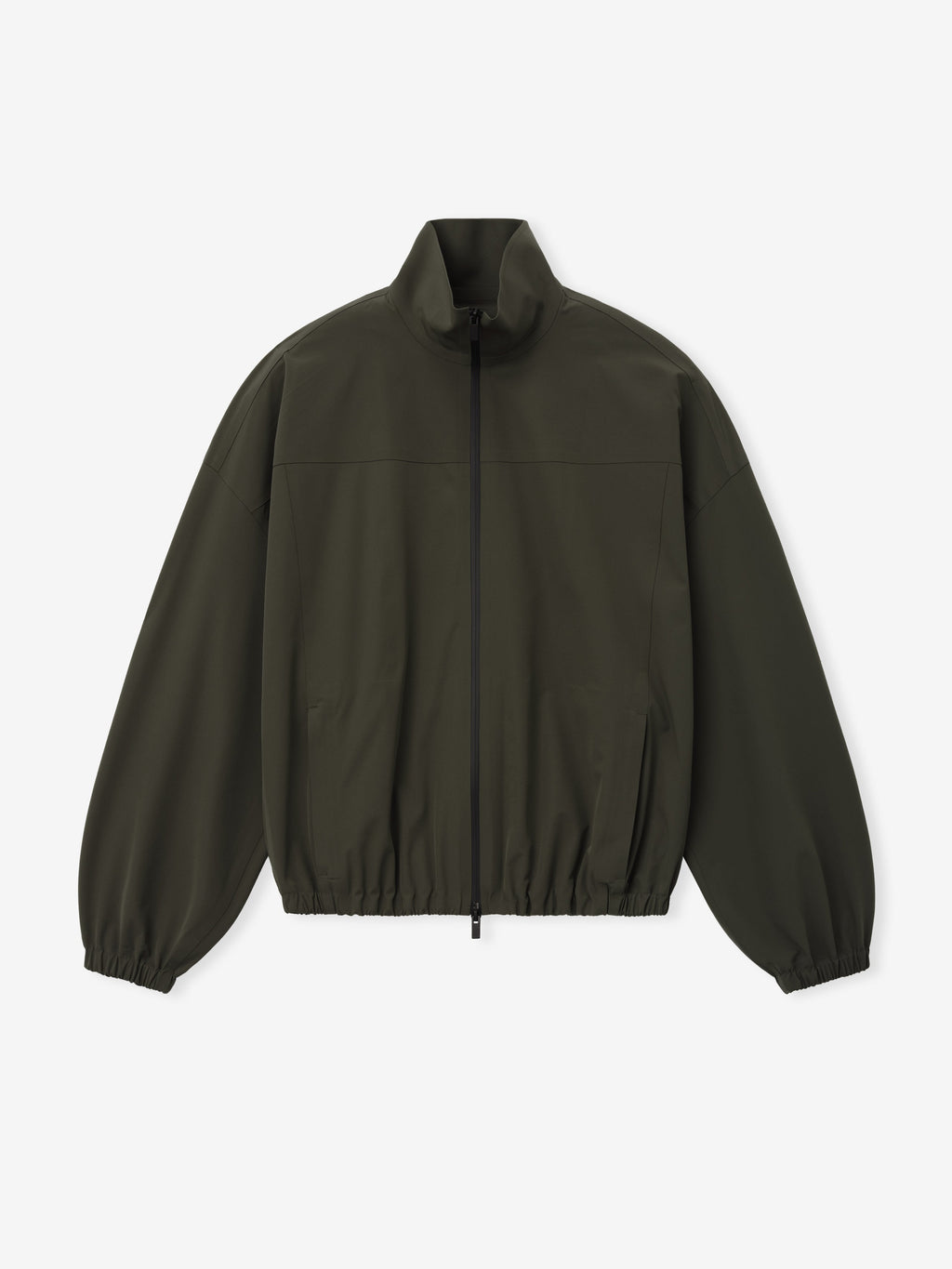 Bonded Nylon Track Jacket in dark olive displayed flat with a stand collar full zip front elastic cuffs and gathered hem as Outerwear