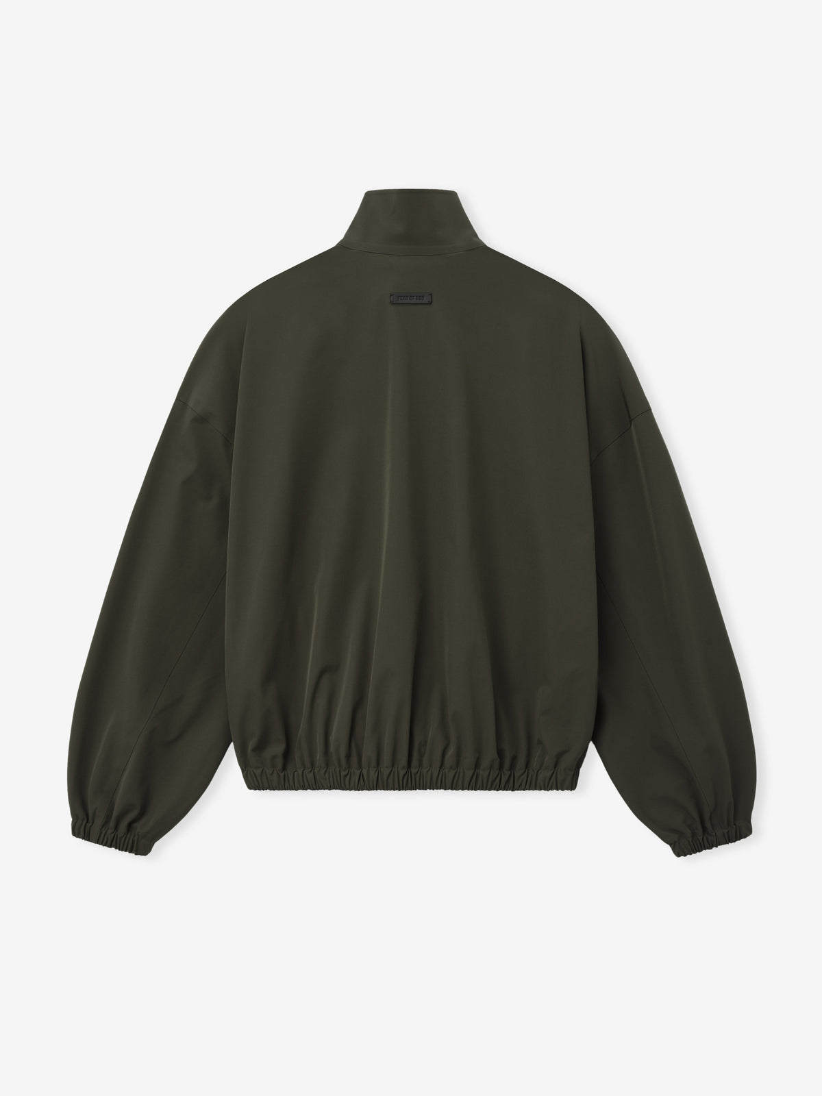 Bonded Nylon Track Jacket in dark olive shown from the back with a high stand collar elastic cuffs and gathered hem as Outerwear