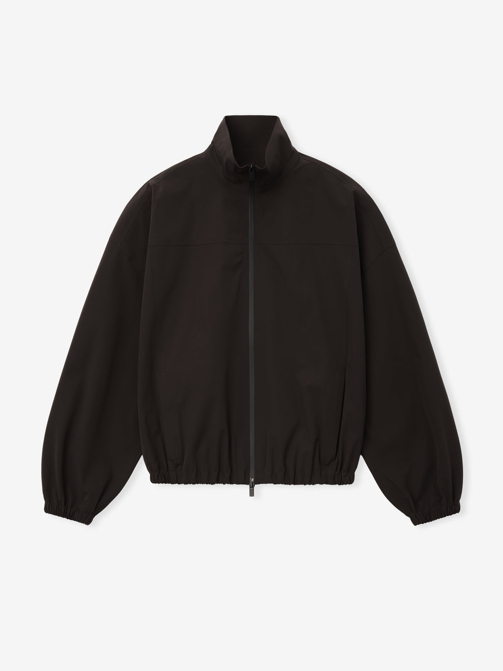 Bonded Nylon Track Jacket in black displayed flat with a high stand collar full zip front gathered sleeves elastic cuffs and elastic hem as Outerwear