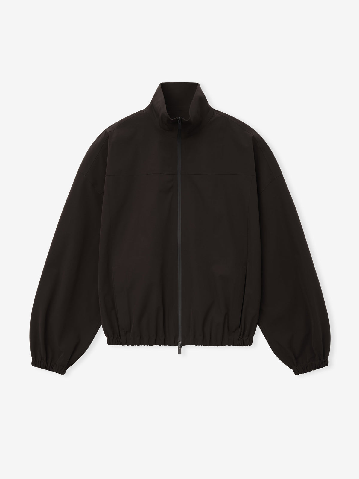 Bonded Nylon Track Jacket in black displayed flat with a high stand collar full zip front gathered sleeves elastic cuffs and elastic hem as Outerwear