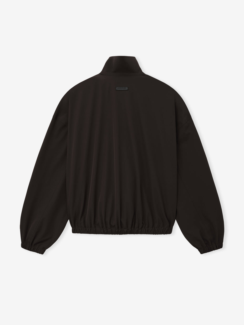 Bonded Nylon Track Jacket in black shown from the back with a stand collar gathered sleeves elastic cuffs cinched hem and subtle logo plaque as Outerwear