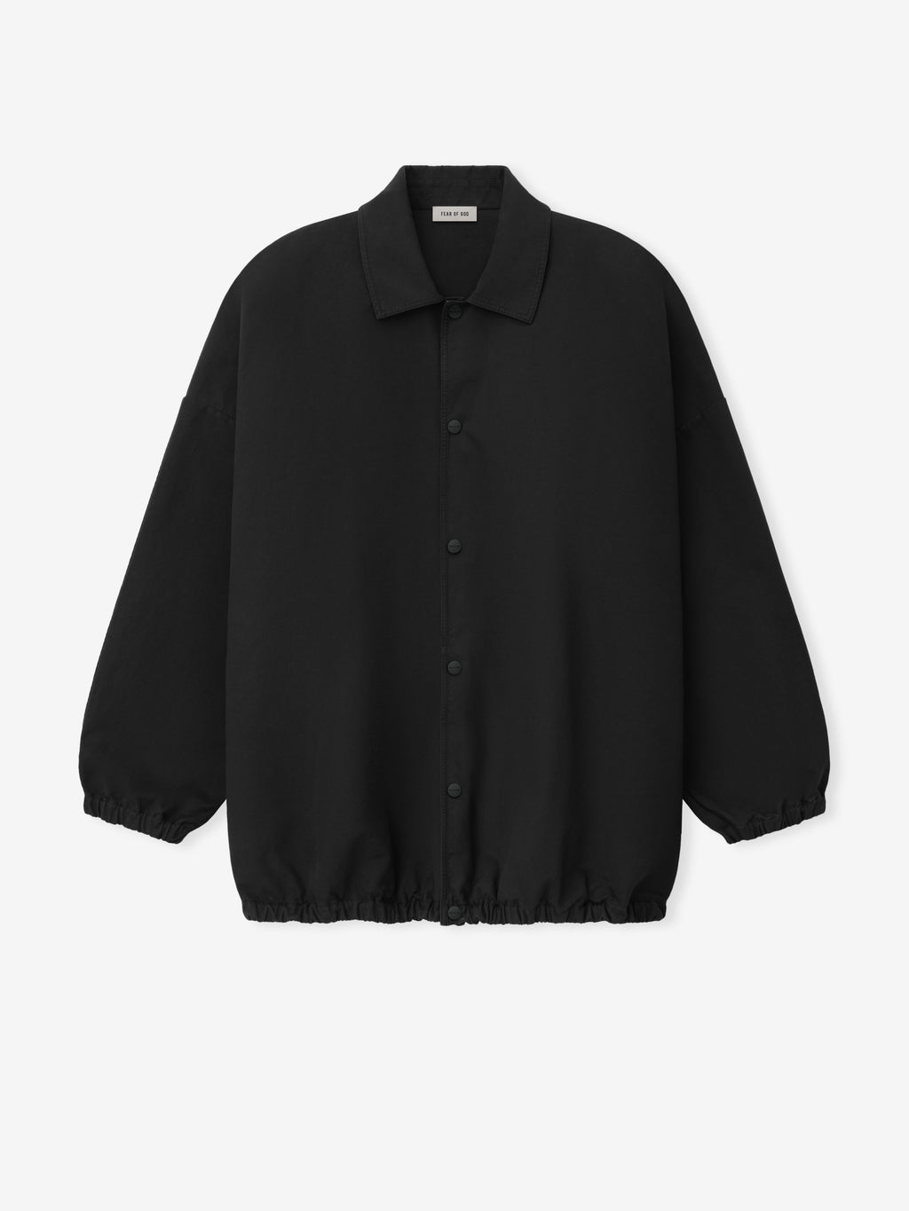 Bonded Nylon Tech Windbreaker in black displayed flat from the front with a shirt collar button closure elastic cuffs and gathered hem as Outerwear