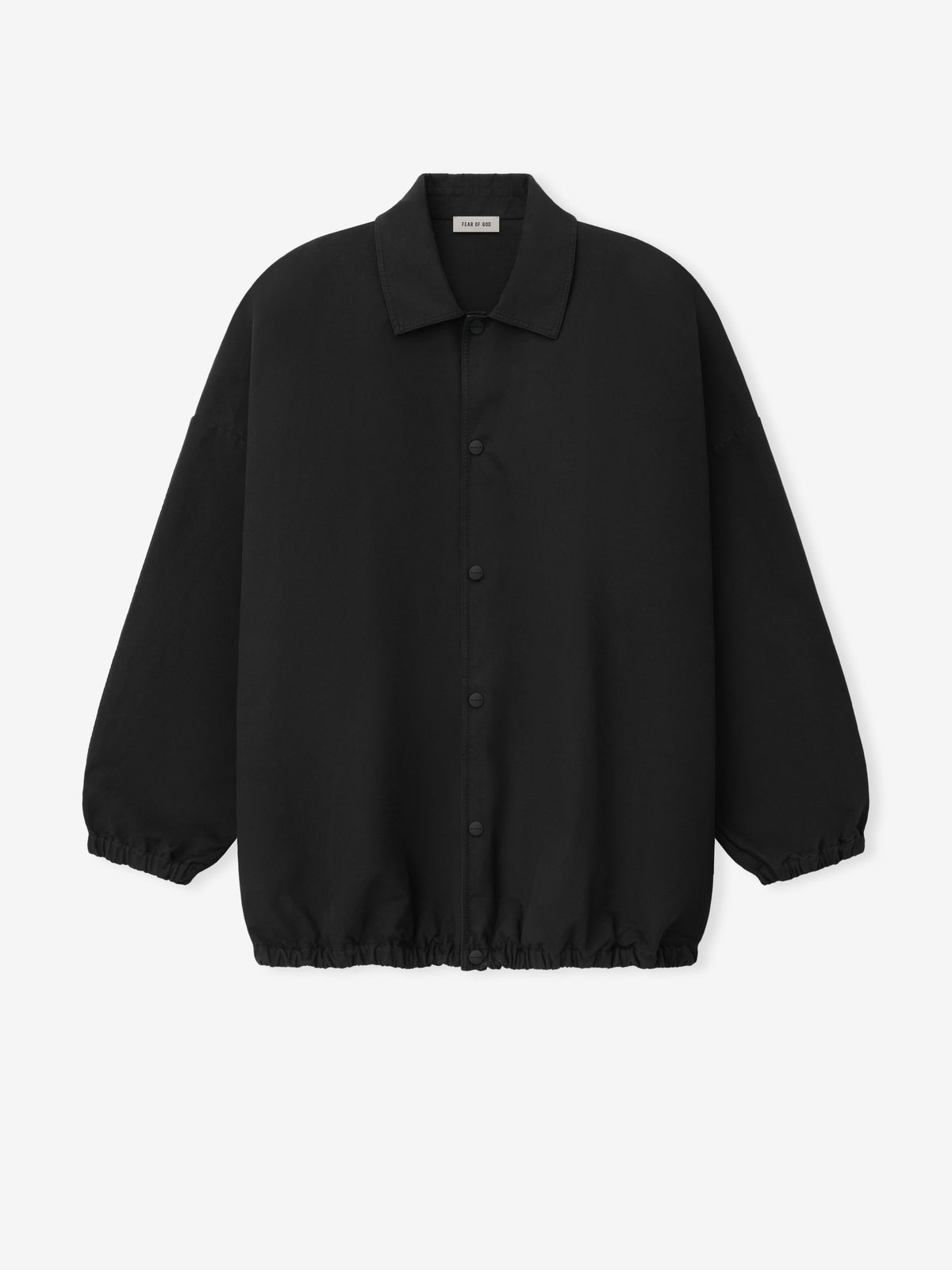 Bonded Nylon Tech Windbreaker in black displayed flat from the front with a shirt collar button closure elastic cuffs and gathered hem as Outerwear